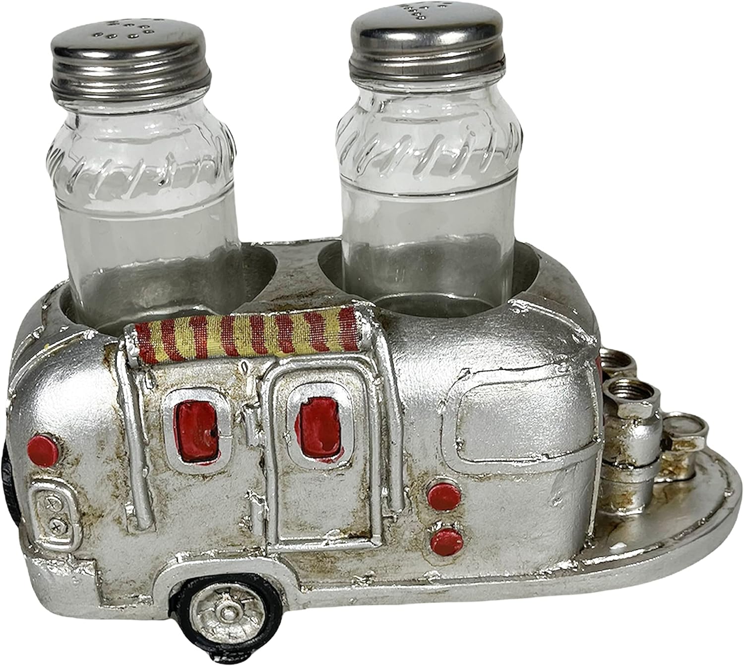 Urbalabs RV Camper Mobile Home Trailer Air Stream Salt and Pepper Shaker Caddy Farmhouse Country Dinner Table Holder Glass Set of Salt And Pepper Shakers Great Camping Lover Gift