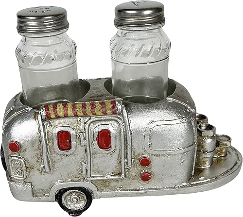 Urbalabs RV Camper Mobile Home Trailer Air Stream Salero y Pepper Shaker Caddy Farmhouse Country Dinner Table Holder Juego de vidrio de salero y