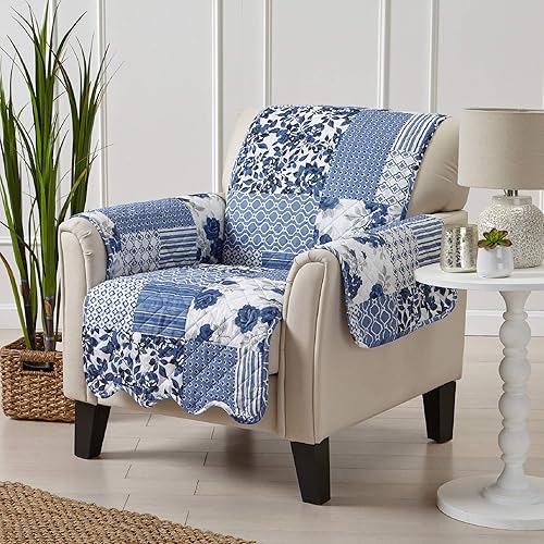 Miniatura 2 de Great Bay Home - Protector de muebles estampado con retazos, con borde festoneado, resistente a manchas, para silla, color azul marino