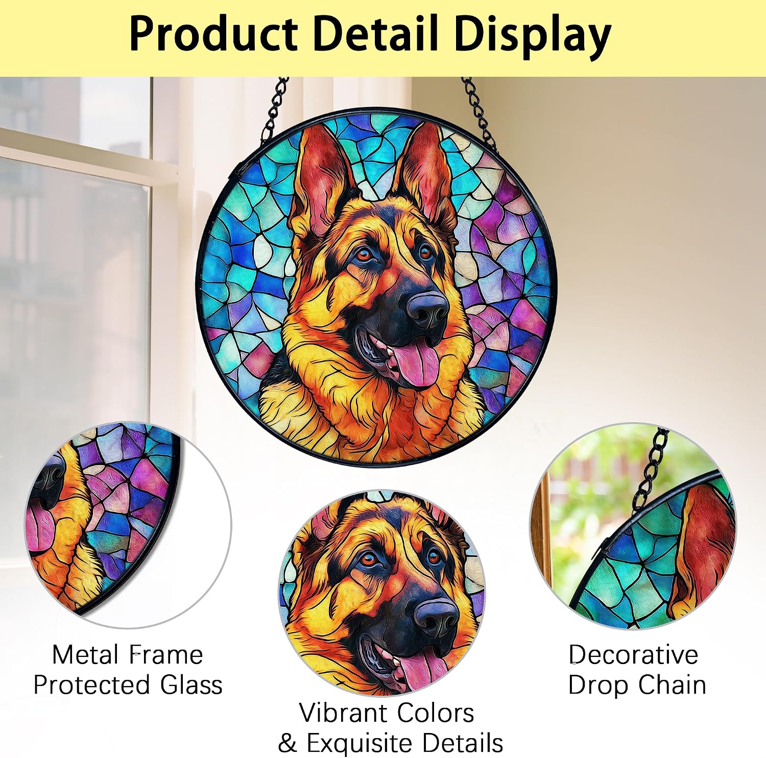 TNUW German Shepherd Dog Stained Glass Window Hanging, German Shepherd Gifts Sun Catchers Indoor Window Glass Round Wall Art Decor, Dog Wall Hanging Decorations, 7.9＂x7.9＂