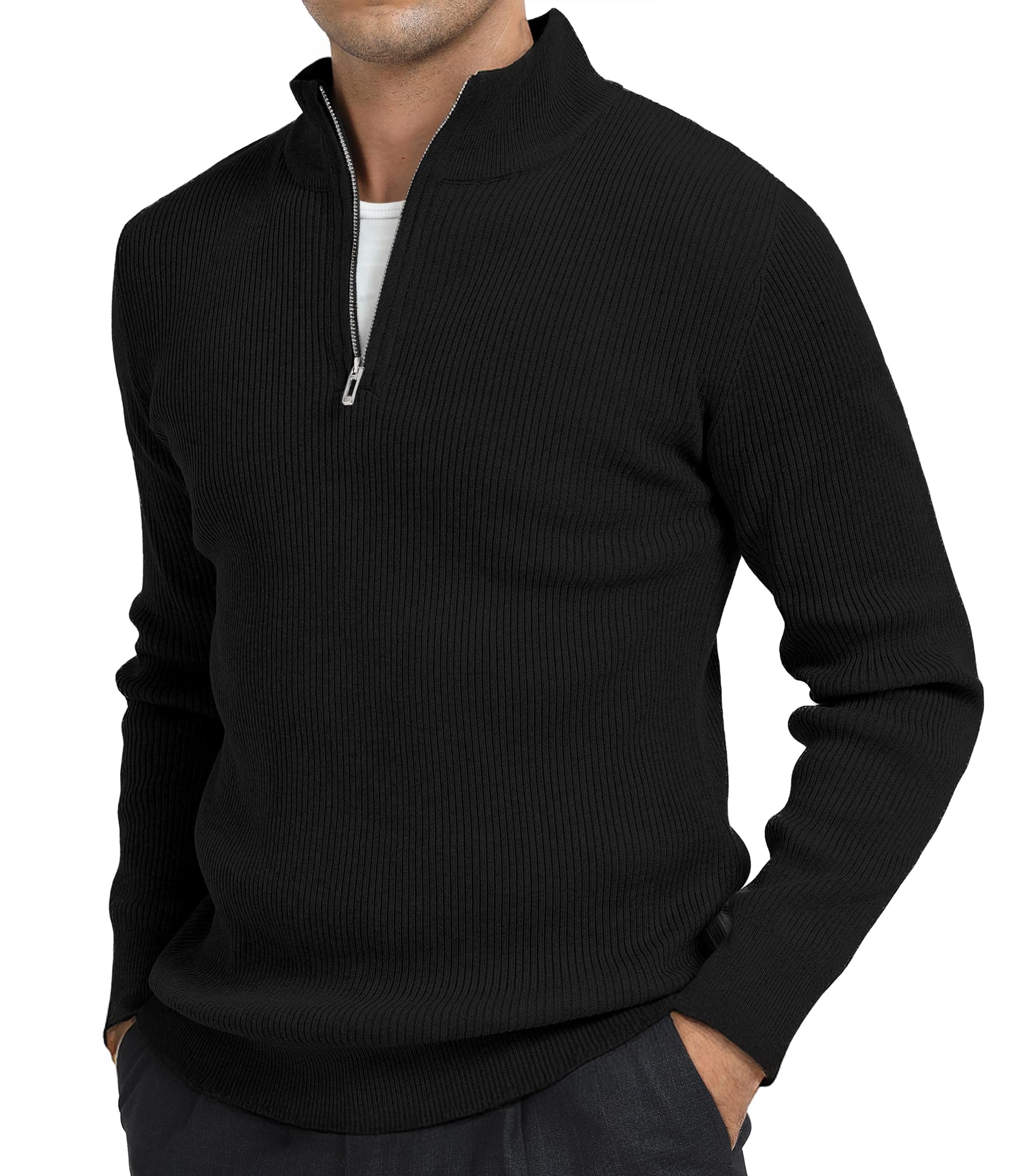 Jersey Hombre Invierno Cuello Alto con Cremallera Suéter Punto Manga Larga Cálido Trabajo Pullover