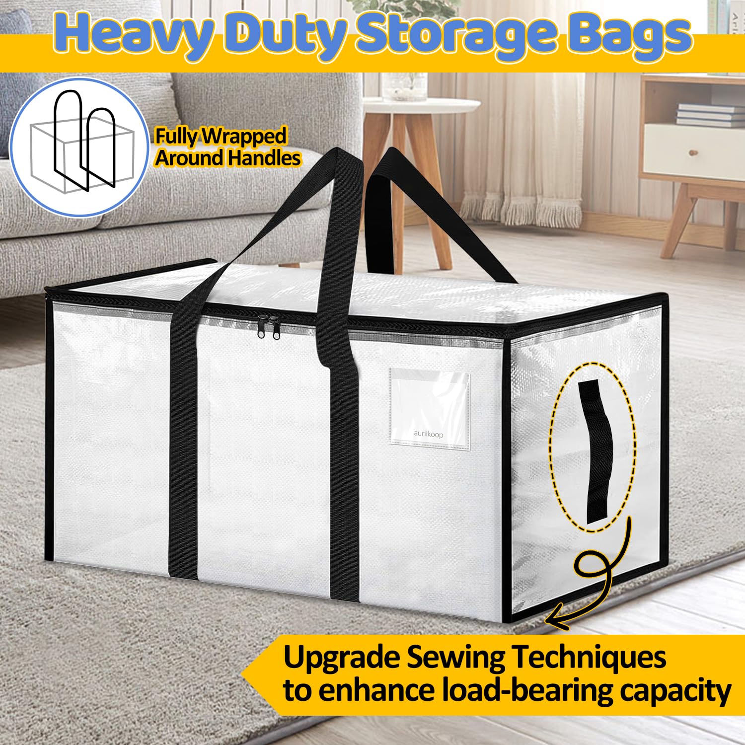 Borsa portaoggetti 4 pezzi Borse per traslochi, 88L Borsa portaoggetti grande trasparente, portaoggetti per vestiti con cerniera e maniglia per traslochi, campeggio, biancheria da letto, vestiti
