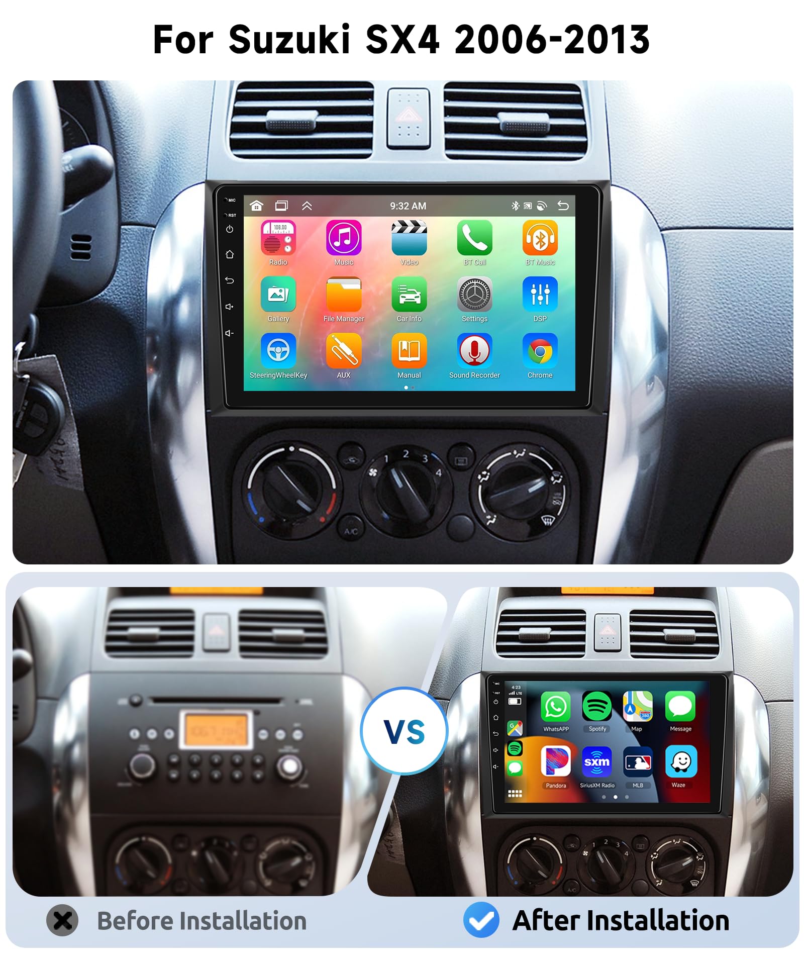 2G 64G CAMECHO Android 12 Autoradio für Suzuki SX4/Fiat Sedici 2006-2013,Doppel Din Radio mit 9