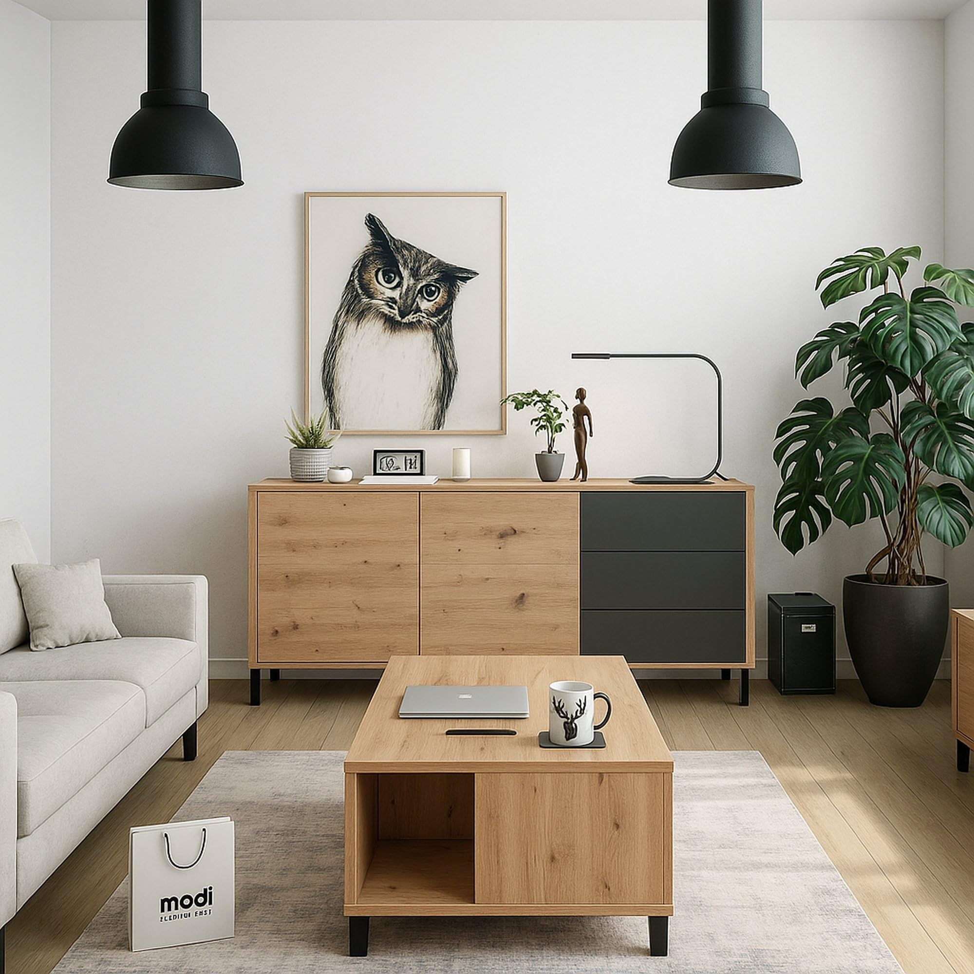 Dmora - Credenza Concord, Buffet da soggiorno, Mobile porta TV, Armadio per salotto, Madia moderna a 2 ante e 3 cassetti, 154x41h74 cm, Rovere nodi e Antracite
