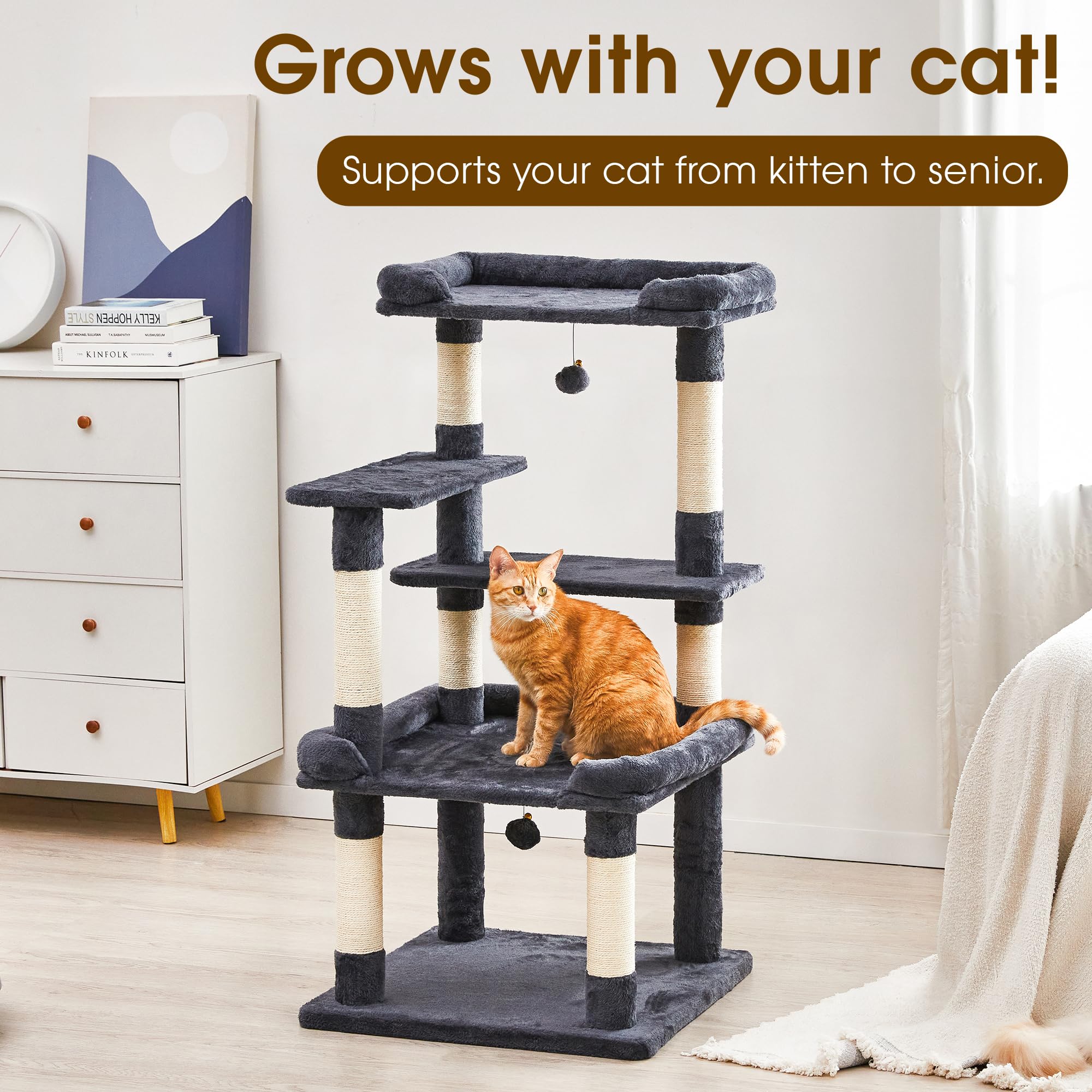 Albero per gatti alto 114 cm, torre per gatti con piattaforma extra large, albero per arrampicata su più livelli per gatti interni, facile da arrampicare, con tiragraffi in sisal naturale