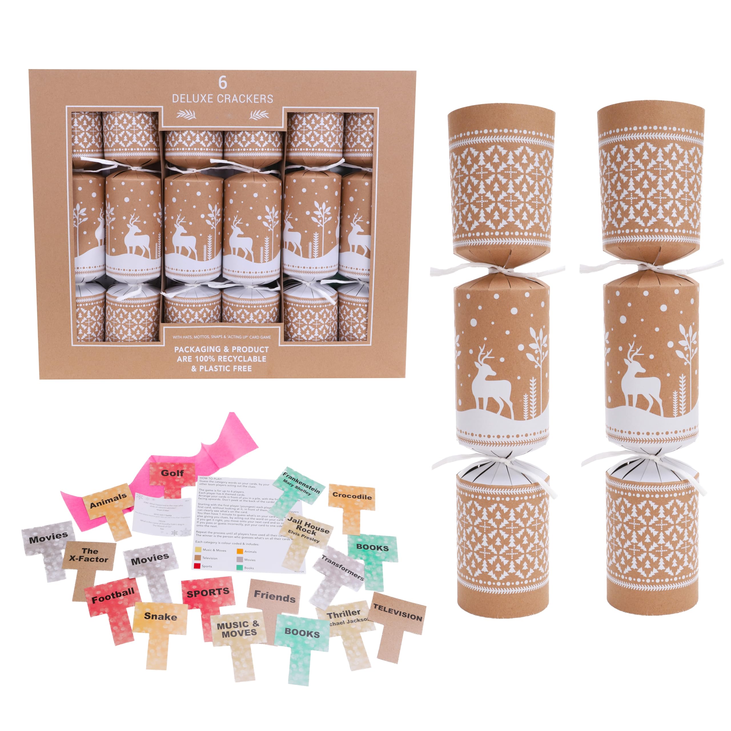 Toyland Brown, White Toyland® Pack Of 6 Eco-Friendly Reindeer Christmas Crackers - Plastic-Free 30Cm Recyclable Crackers With Paper Hats, Jokes & Novelty Gifts For Christmas Dinner Table