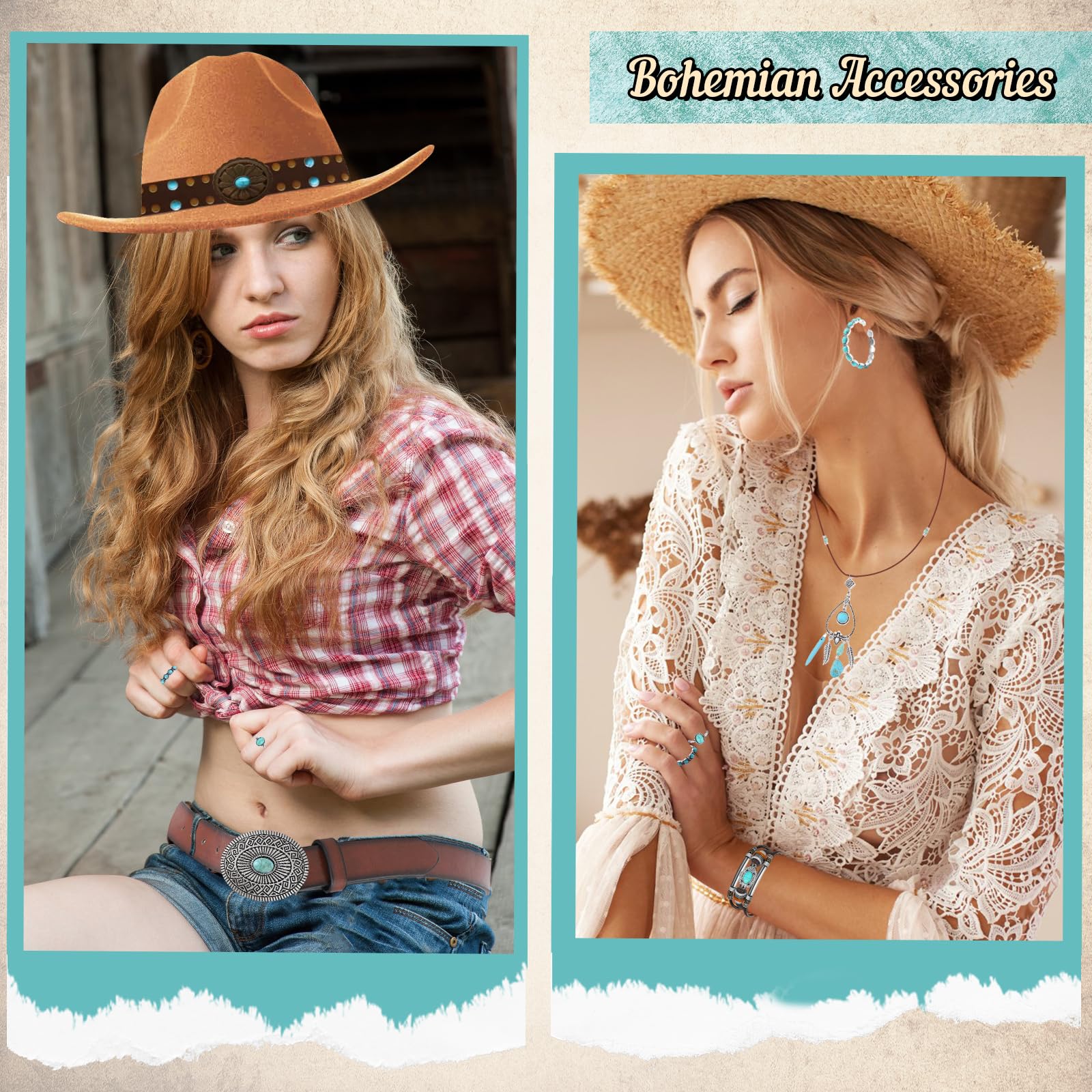 Zestaw 7 sztuk akcesoriów do kapelusza kowbojskiego dla kobiet, zestaw kostiumów western cowgirl z kapeluszami kowbojskimi, paskiem, naszyjnikiem boho, kolczykami, pierścionkami
