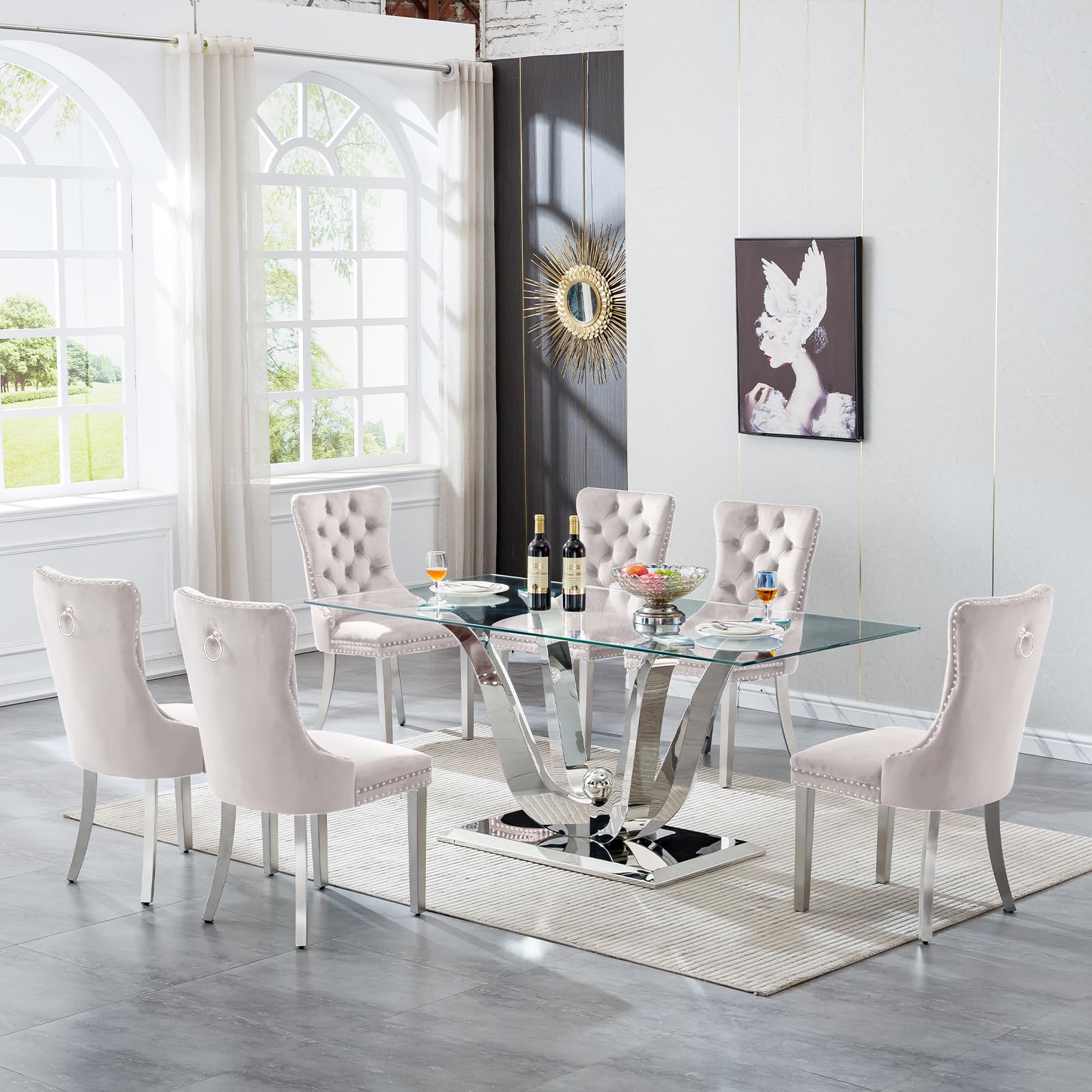 7 Piece Dining Table Set, Glass Dining Table Set for 6 with Beige Velvet Chairs, 70" Luxury Glass Table with Silver Flower Shape Stainless Steel Base,