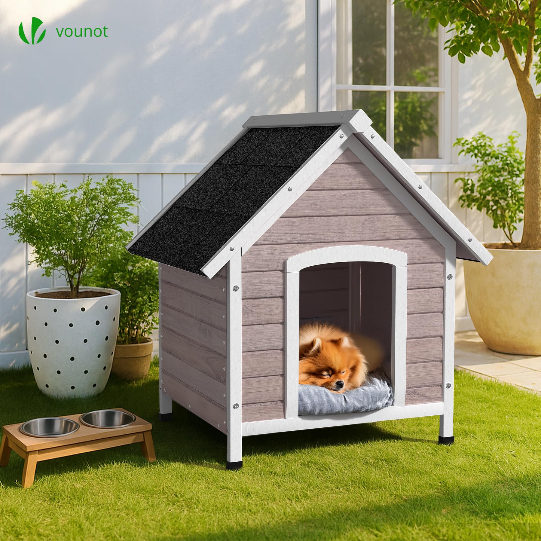 VOUNOT® Caseta para Perros Exterior con Techo Asfáltico y Pies Antideslizantes Casa para Perros Mascotas Perrera de Madera Impermeable Base Extraíble Refugio Canino Perruno 72x65x83 cm, Gris