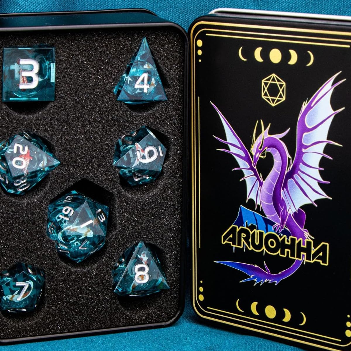 Set di Dadi in Resina DND,Dadi poliedrici a Nucleo Liquido Koi Fish DND con Scatola, Dadi da Gioco di Ruolo D e D Rpg