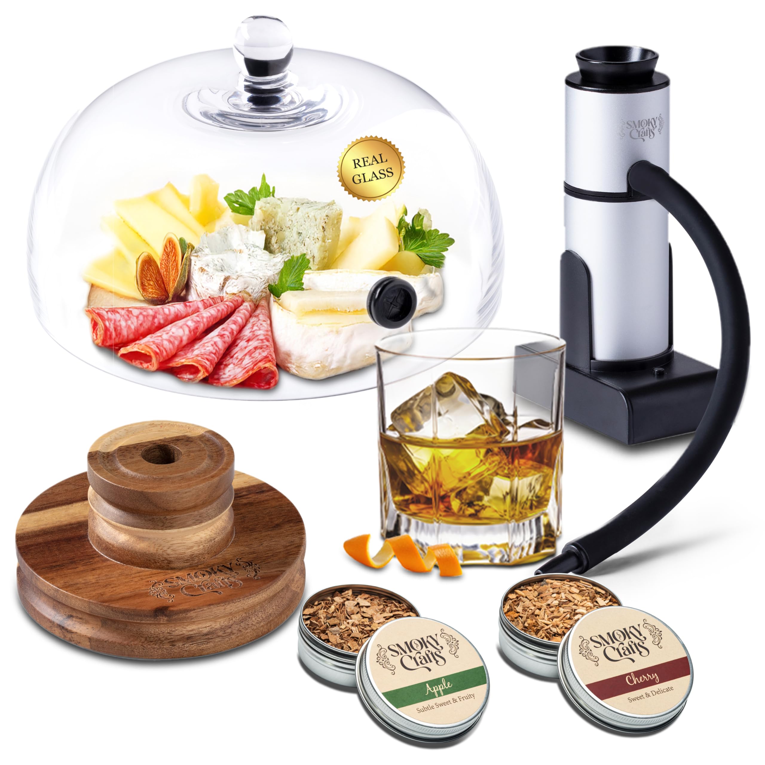 Food and Drink Smoker Kit with Smoke Gun, 8" Smoking Cloche Glass Dome, Acacia Cocktail Smoke Top and Wood Chips (Apple & Cherry) - Whiskey Smoker Kit - Gifts for Men
