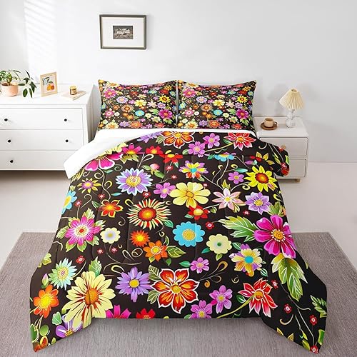 Juego de edredón de flores coloridas para niñas, tamaño individual, decoración de flores hippie para todas las estaciones, edredón de flores retro