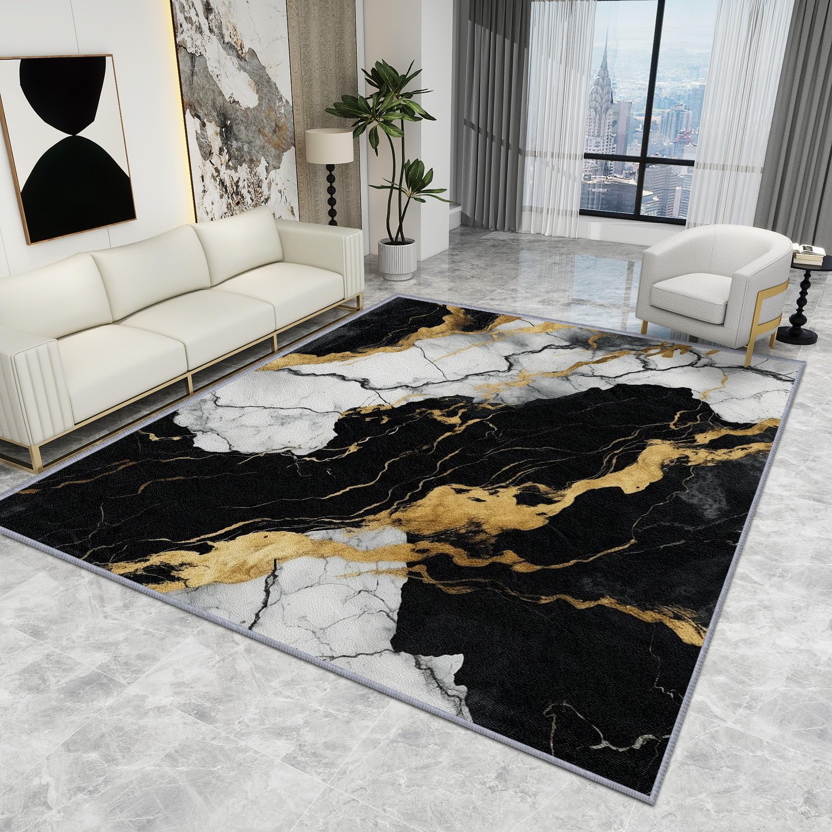 Marble Bedroom Rug - Black, White & Gold Abstract Modern Luxury Carpet, Washable Non Slip Low Pile Soft Large Area Rug, 120 x 170 cm