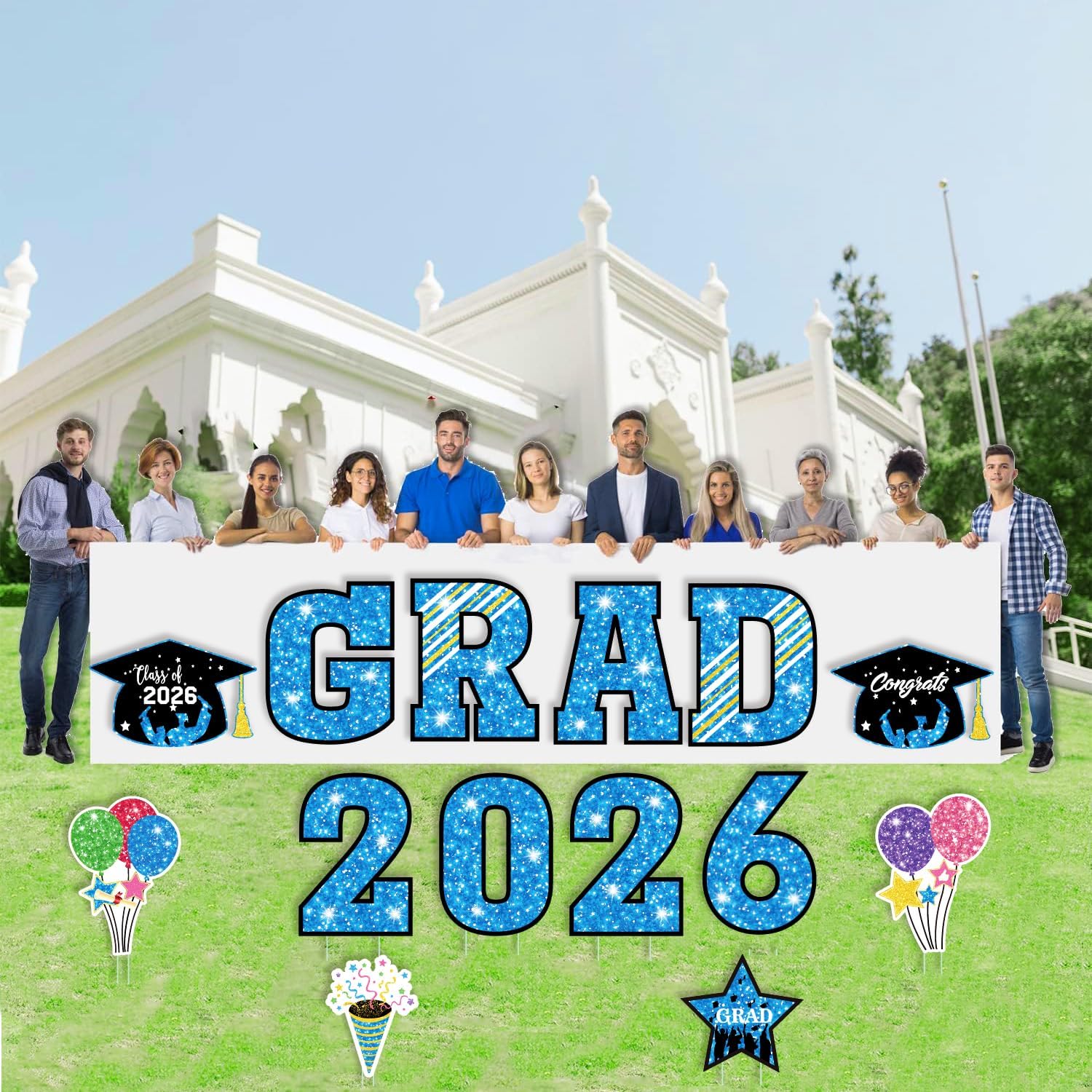 Up to 75", 14PCS Graduation Yard Signs Class of 2026, PP Safe Material Waterproof, Vibrant Fade-Resistant Outdoor Graduation Decoration Lawn Signs with Sturdy Stakes for College Senior School Party, Blue and Black