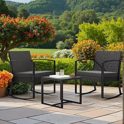 Miniatura 6 de JUMMICO Juego de 3 sillas mecedoras para patio al aire libre con mesa auxiliar y cojines para balcón, porche, bistró (gris)