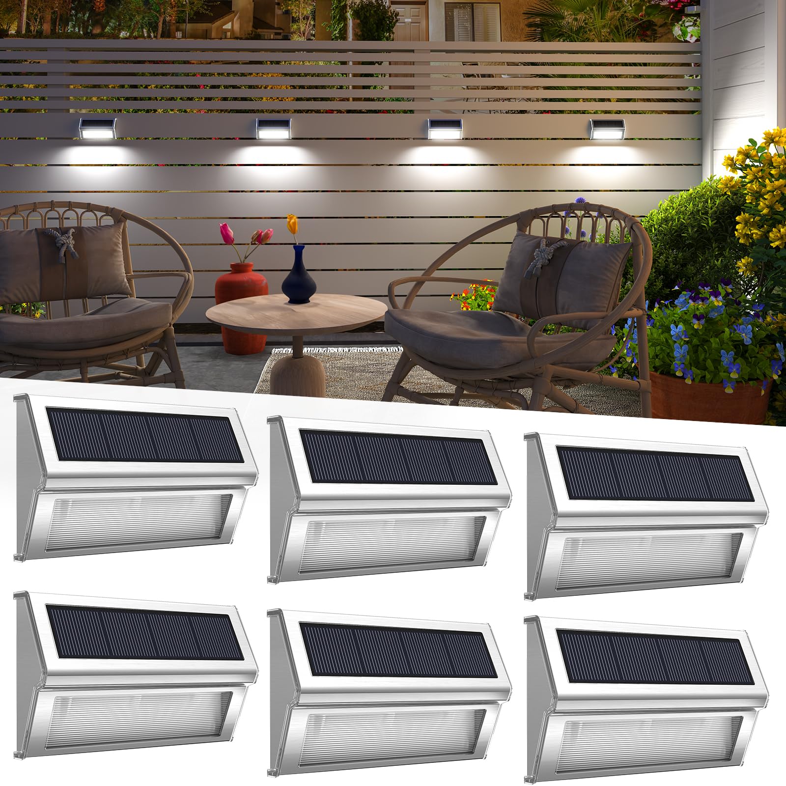 ROSHWEY Solar Fence Lights Outdoor Waterproof, 6 Pack Solar Deck Post Lights Solar Powered Outside Lights Dusk to Dawn Led Steps Lamps for Stairs Garden Patio Yard Railing Decoration Lighting
