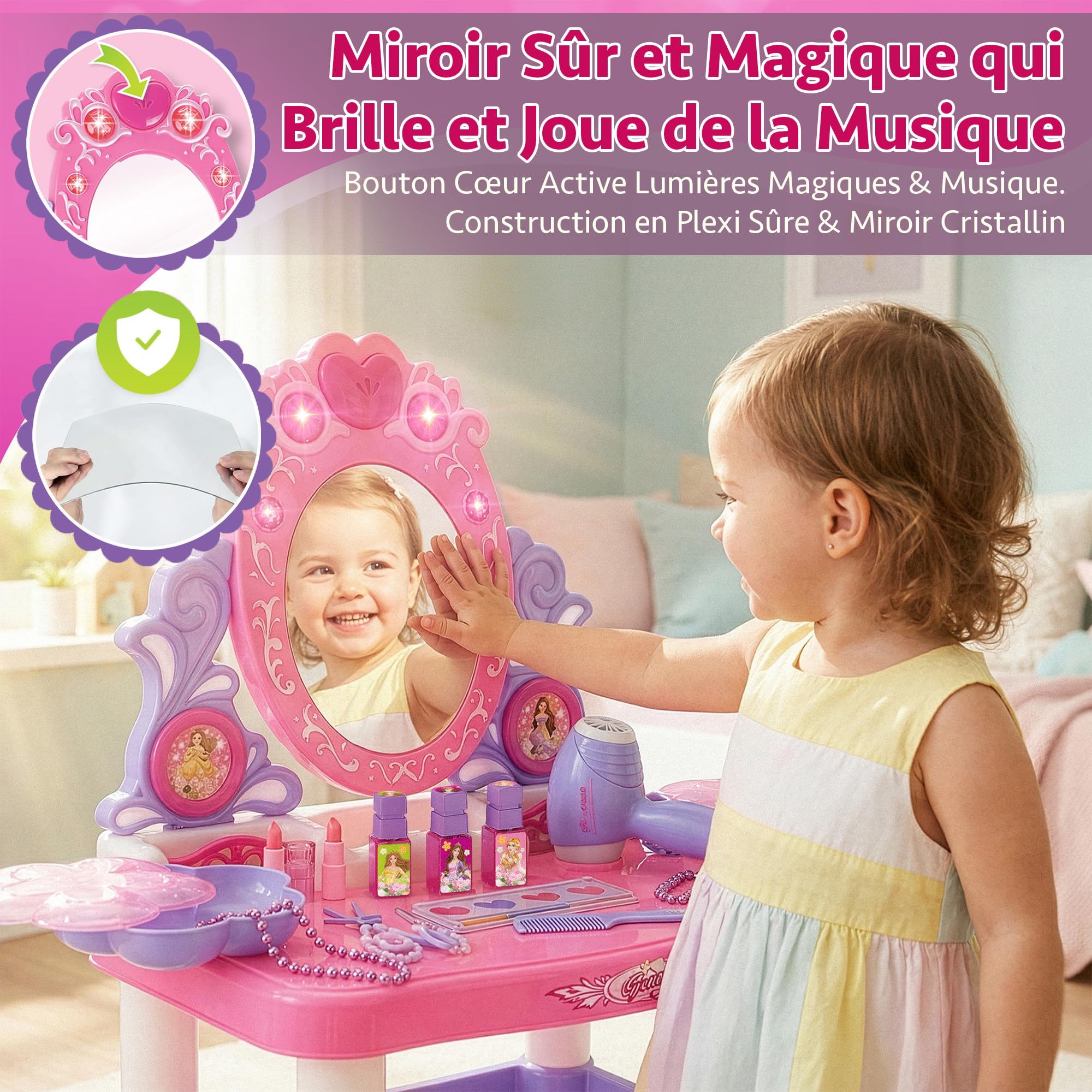 Kinderplay Coiffeuse Rose pour Enfant avec Baguette Magique et Accessoires | Coiffeuse pour Enfant Fille avec Miroir, tiroir, Tabouret et kit de Maquillage – Jeu de rôle