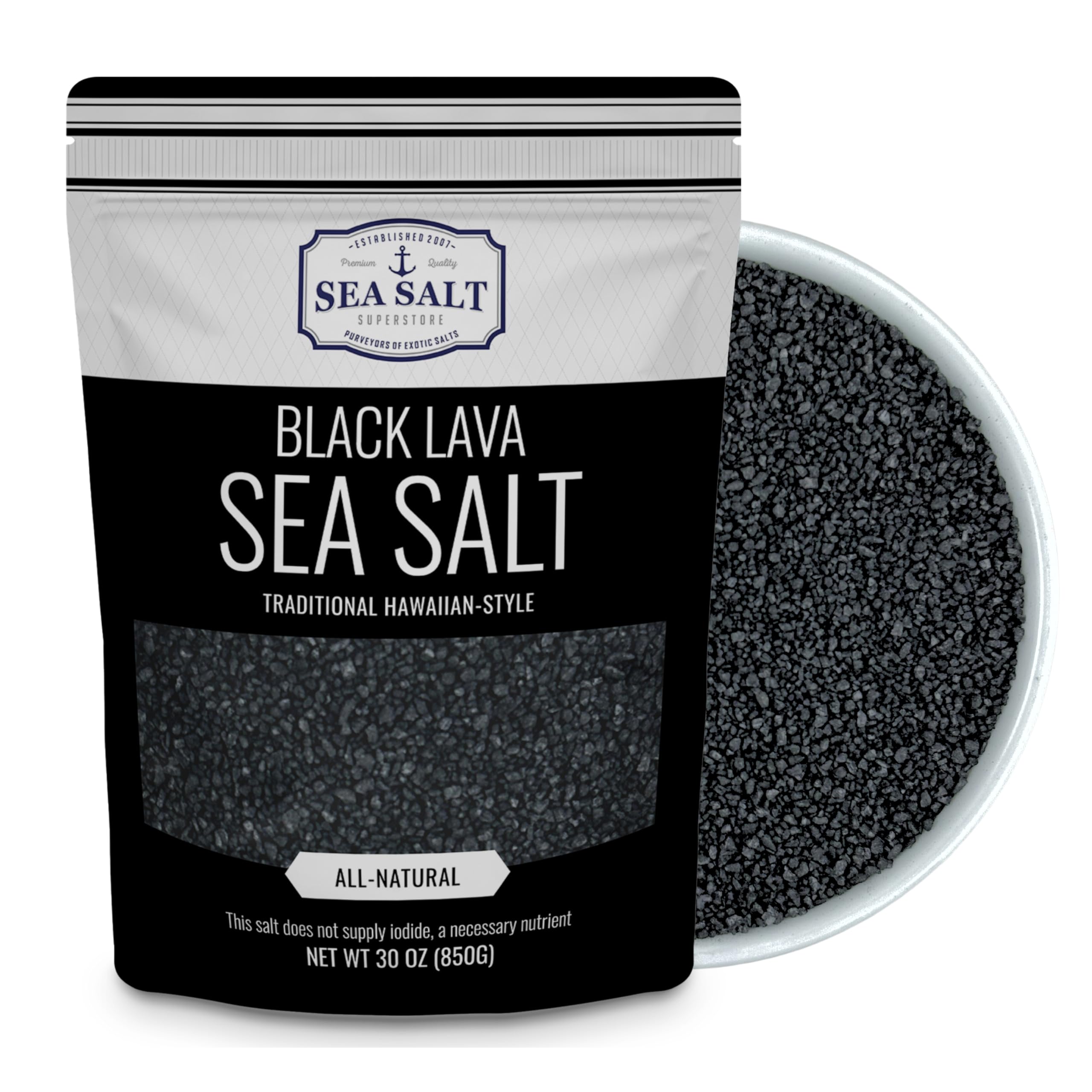 Hawaiian-Style Black Lava Sea Salt, Black Sea Salt with Activated Charcoal - for Cooking & Finishing, 30 oz Bag