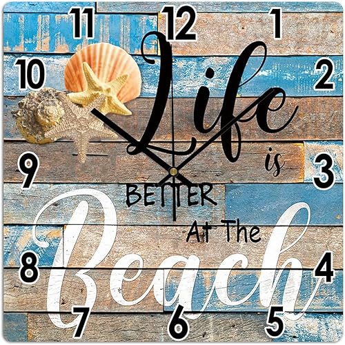 Vinisong Life is Better at The Beach Reloj de verano con tema de playa, cuadrado de PVC, arte de granja, decoración del hogar, relojes de pared,