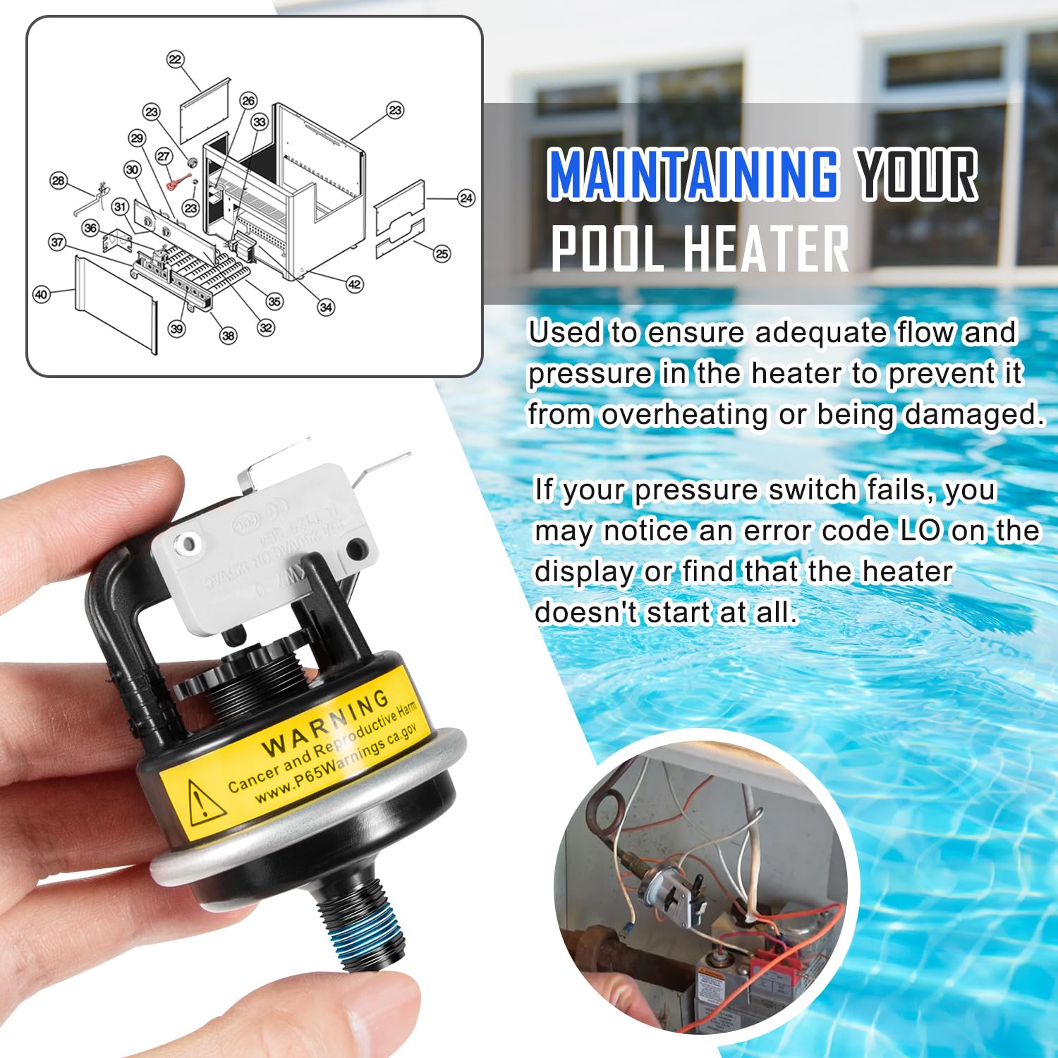 Repuesto para interruptor de presión de agua HAXPSA1930 compatible con el calentador electrónico Hayward H-Series ED1 y ED2 de milivoltios
