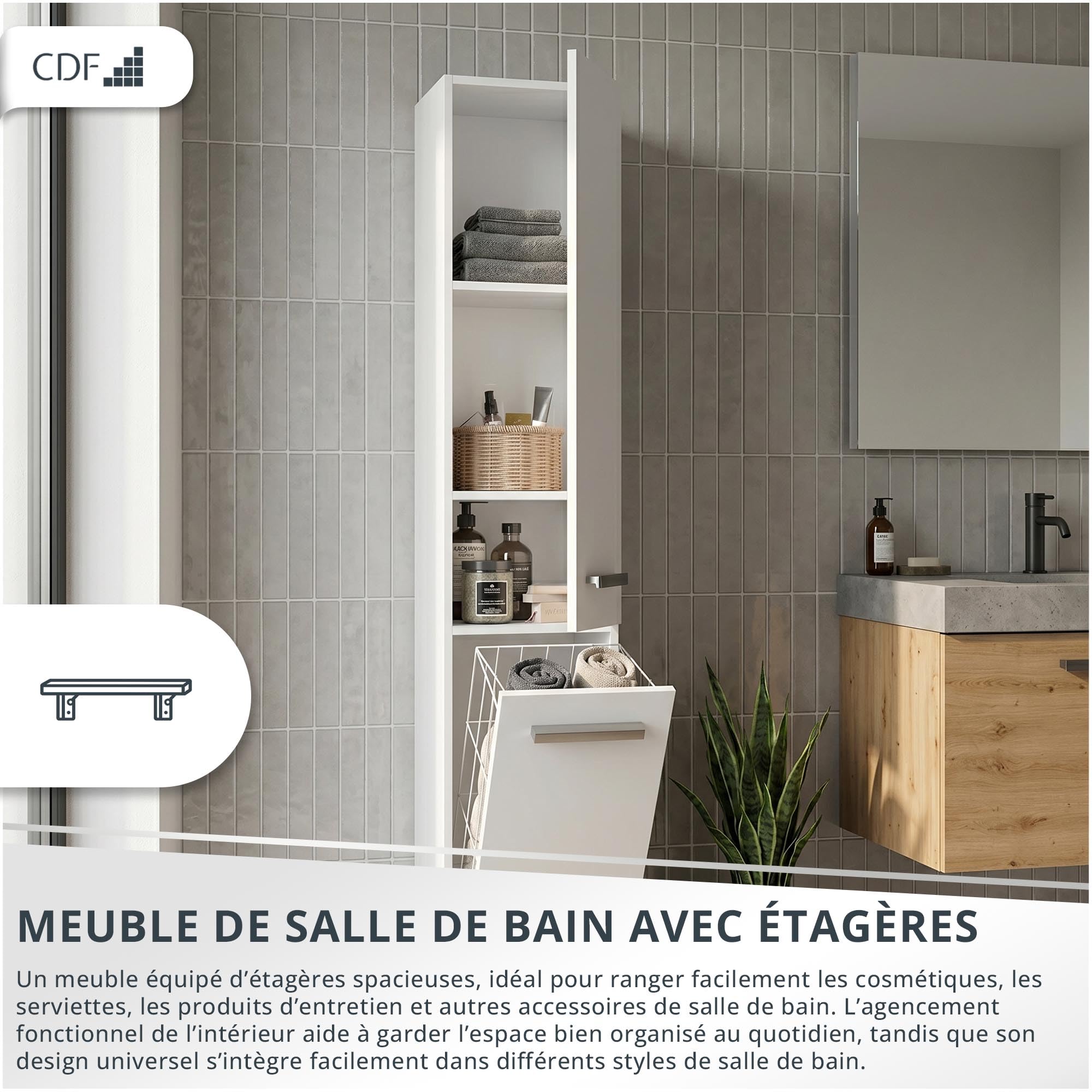 CDF Armoire de Salle de Bain Haute et étroite avec Panier à Linge, larg.: 31 cm Meuble de Rangement Adapté aux Petits Espaces, WC Couloir Blanc, 30x31x174 cm Résistant à l’Humidité
