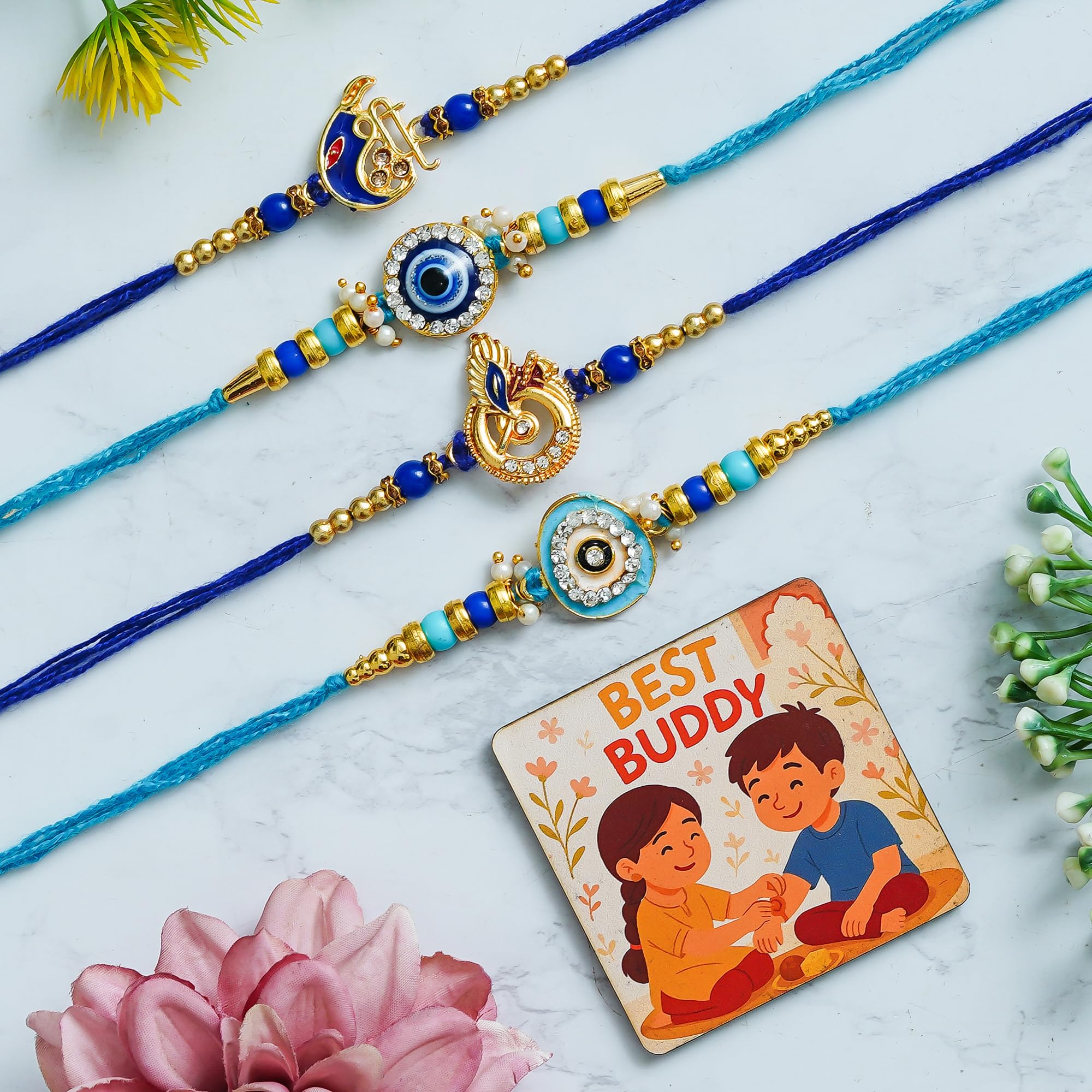 perpetual Handcrafted Design Evil Eye Rakhi For Brother And Bhabhi, Rakhi For Bhai, Kids Pack Of 4 With Fridge Magnet Best Gift Hamper -04A