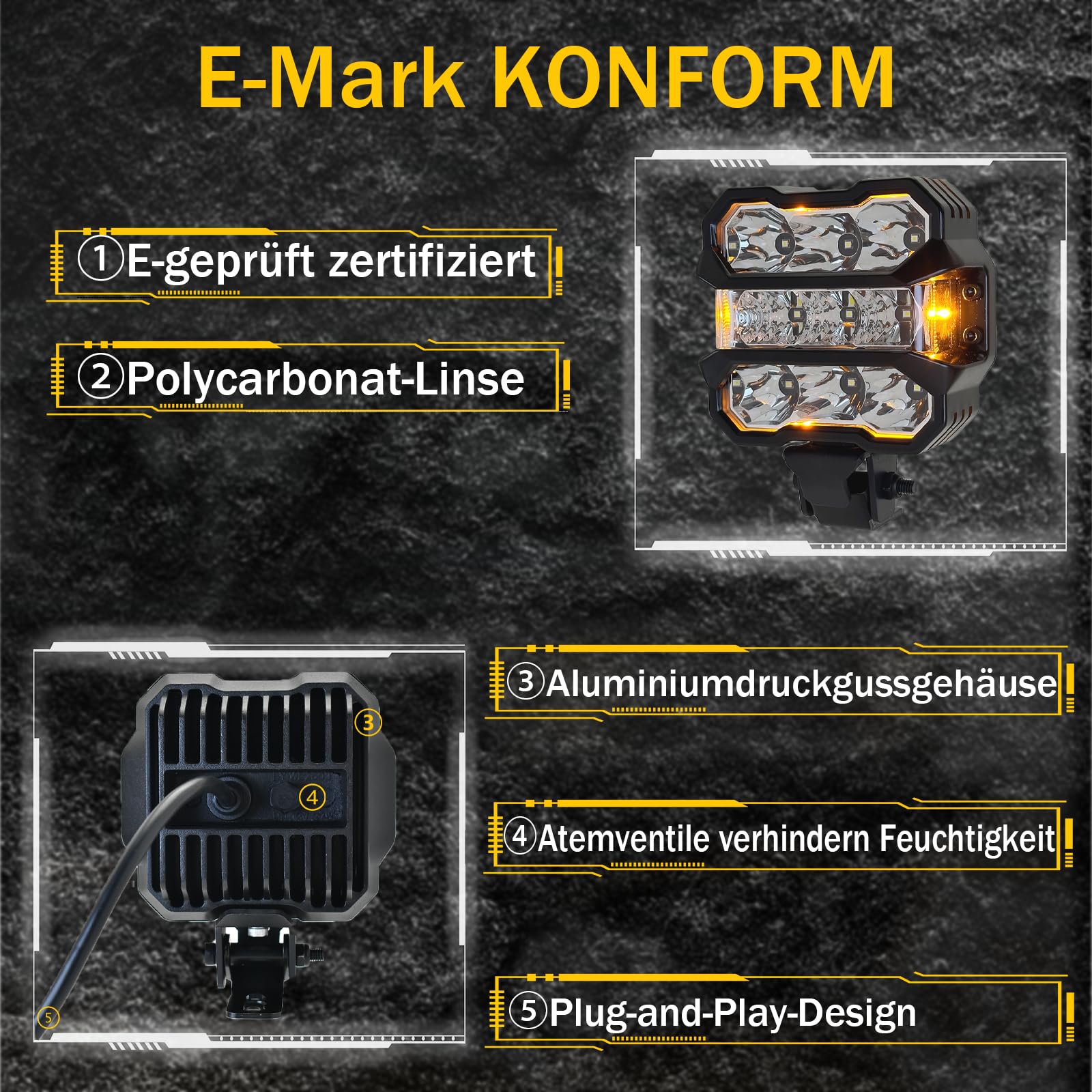 paar 4,5 Zoll LED Offroad Scheinwerfer mit Amber DRL E Geprüft, Zusatzscheinwerfer Auto, Arbeitsscheinwerfer mit Drahtbaum, für Jeep SUV Pickup ATV UTV RZR Boote Motorräder Plug & Play