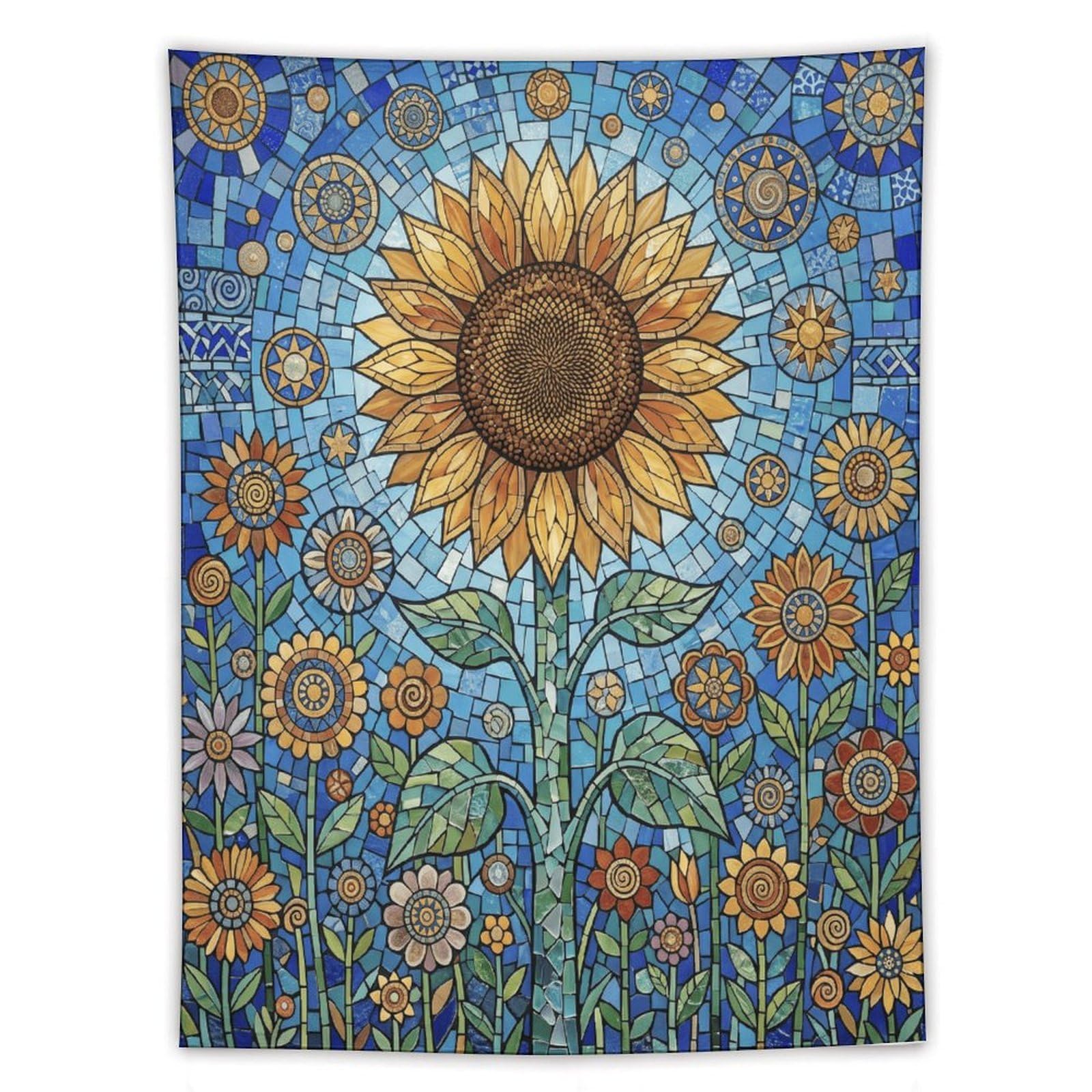 W7C8U2X3 Blue Mosaic Sunflower Wall Tapestry, Mosaic Style, Room Divider
