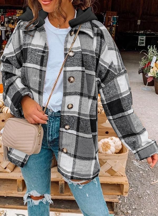 SHEWIN Womens Fall Fashion 2026 Casual Plaid Hooded Flannel Shirts Casual Fall Long Sleeve Button Up Shacket Jacket Coat Fall Tops,US 12-14(L),Grey by SHEWIN - Used condition - Image 4