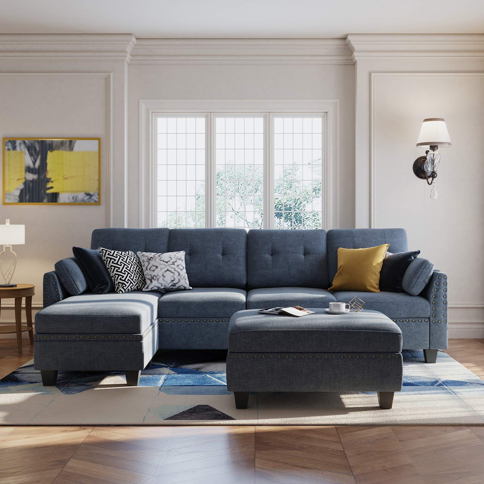 HONBAY Convertible Sectional Sofa Couch Set L-Shape Sofa Couch Set 4 Seat Sofa Sectional with Storage Ottoman for Living Room,Bluish Grey (Sectional+Tray Ottoman)