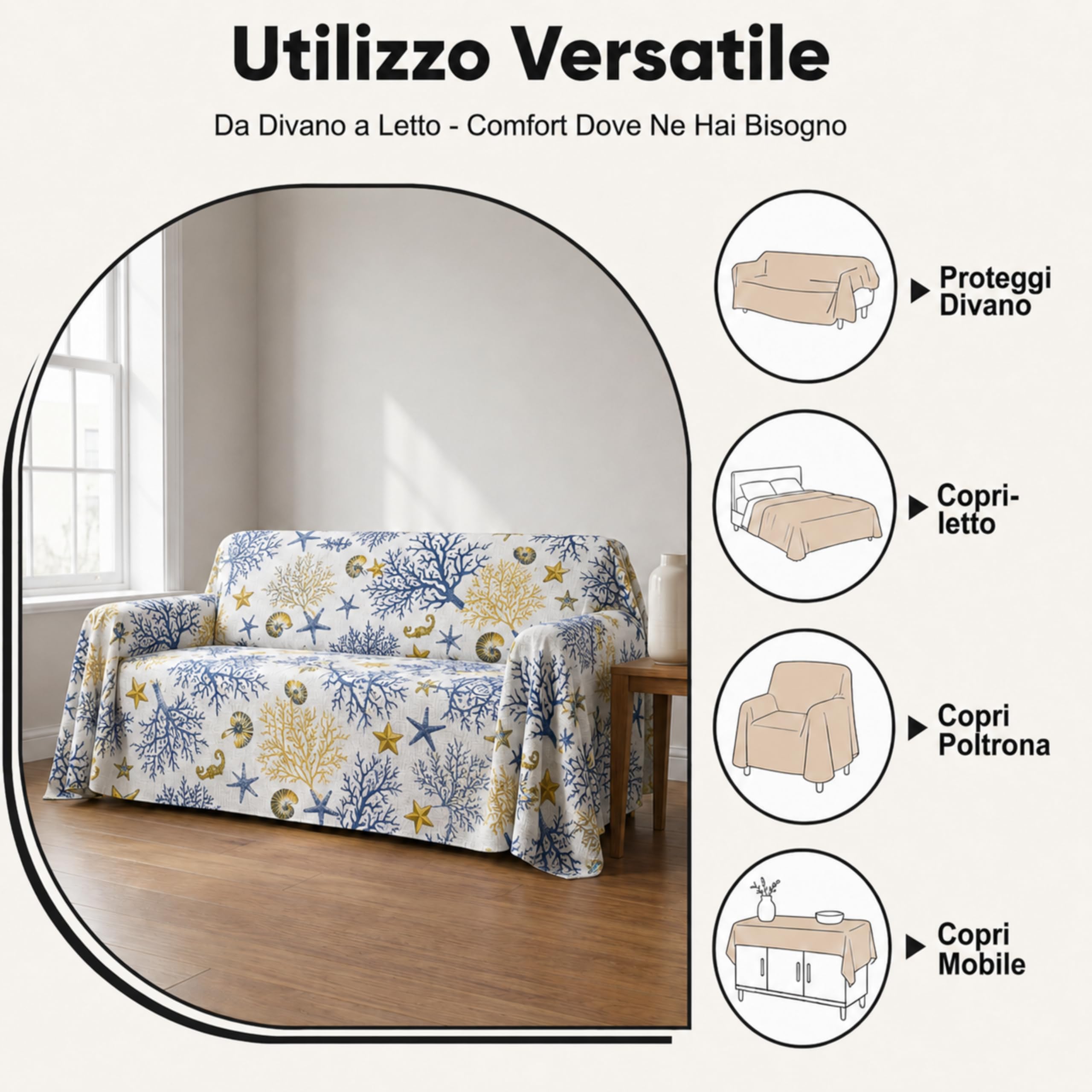 VKZ Copriletto Granfoulard 240 x 280 cm, Telo Copritutto Multiuso per Letto e Divano, Gran Foulard per Divano, Fantasia Coralli Rosso e Oro