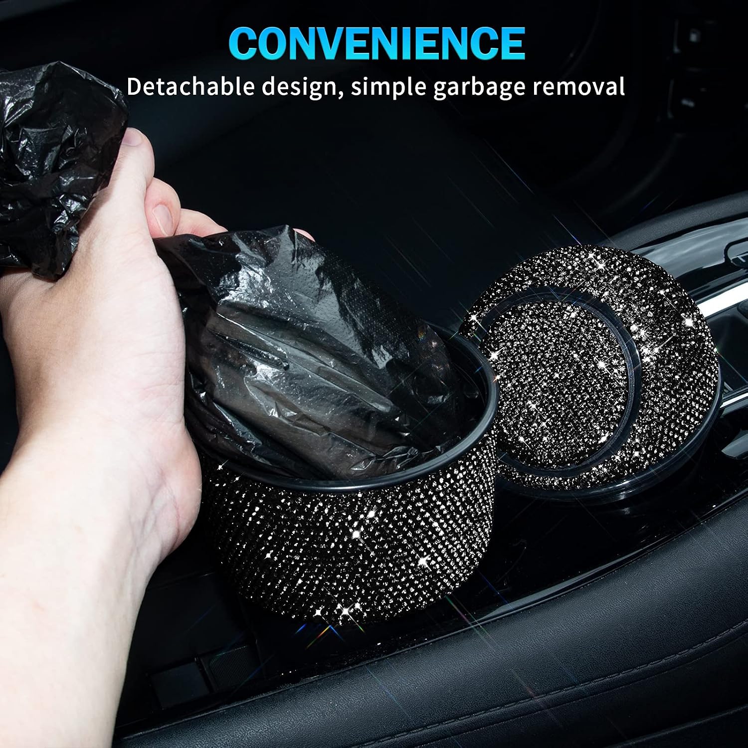 eing Car Trash Can Bling Crystal Auto Mini Trash Bin for Car Office Home Women,Car Cup Holder Garbage Can with Lid and 5 Pack Disposable Garbage Gag, Black