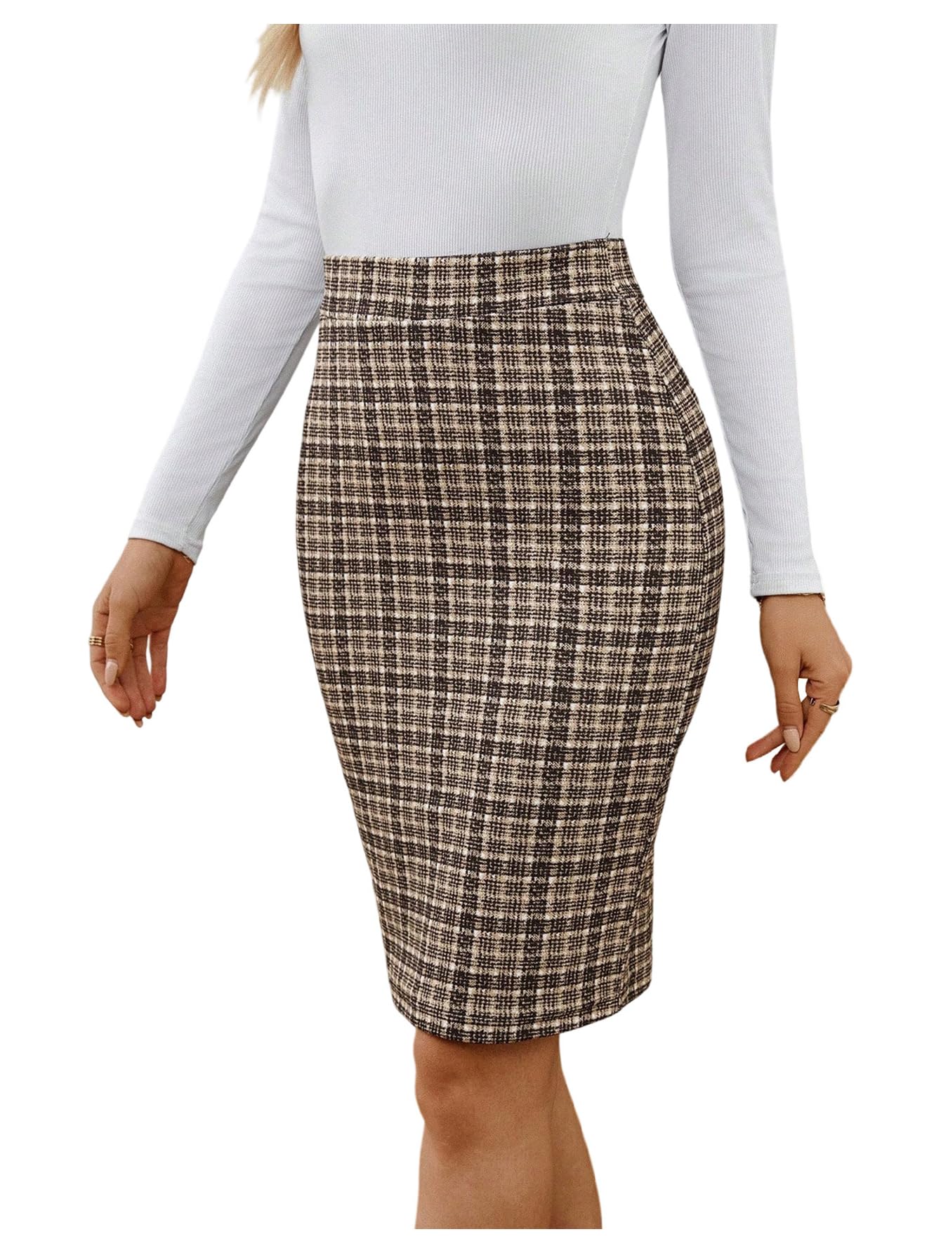 Womens Plaid Pencil Skirt Elegant High Waisted Bodycon Work Skirts Business Casual Outfits