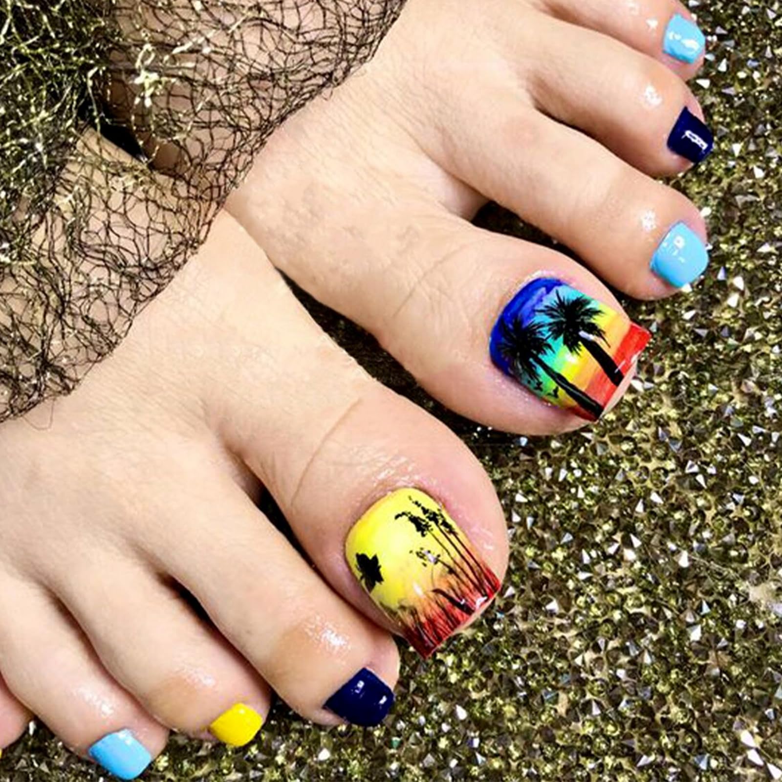 Coconut Tree Press on Toenails Blue Yellow Fake Toenails Field Butterfly Acrylic False Toenails Summer Beach Glue on Toenails Full Cover Glossy Toe Press on Nails for Women Girls Nail Decoration 24Pcs