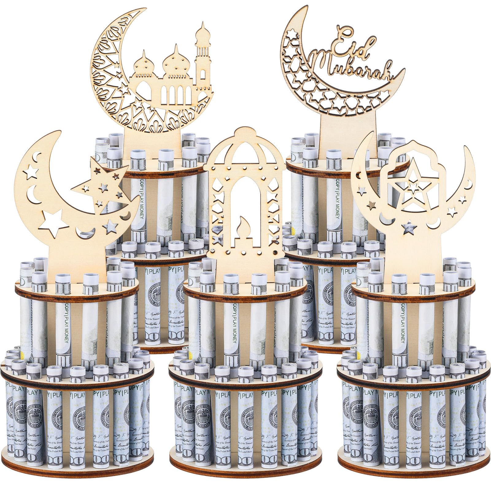Photo 1 of Silipull 5 Pcs Ramadan Money Holders Eid Mubarak Money Holders with 25 Holes Ramadan Gifts Eid Mubarak Decorations Moon Stars Lantern Castle Cash Holders for Mubarak Tabletop Decorations