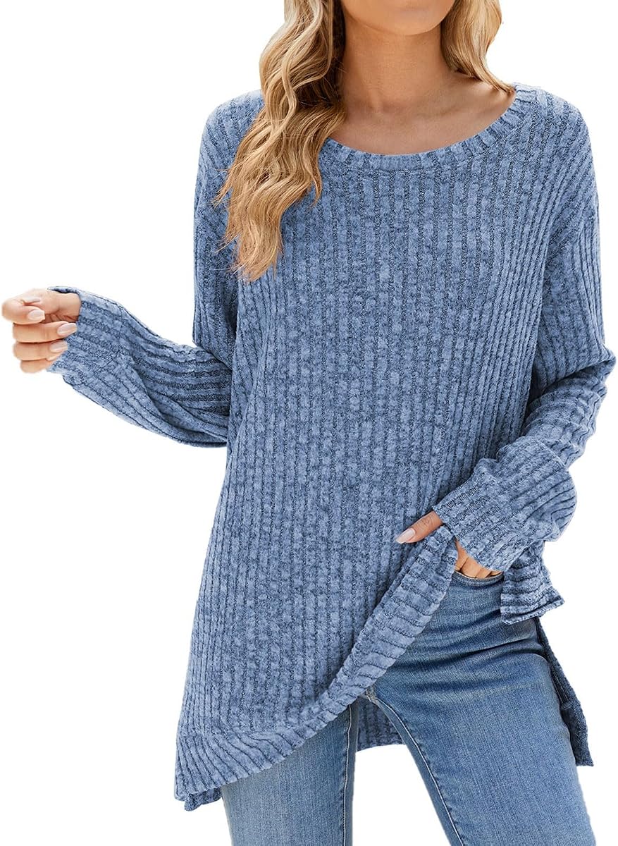 Long Sleeve Shirts for Women Loose Fit Casual Crew Neck Tunic Tops Fall Fashion Pullover Sweaters Side Fireside Sweater