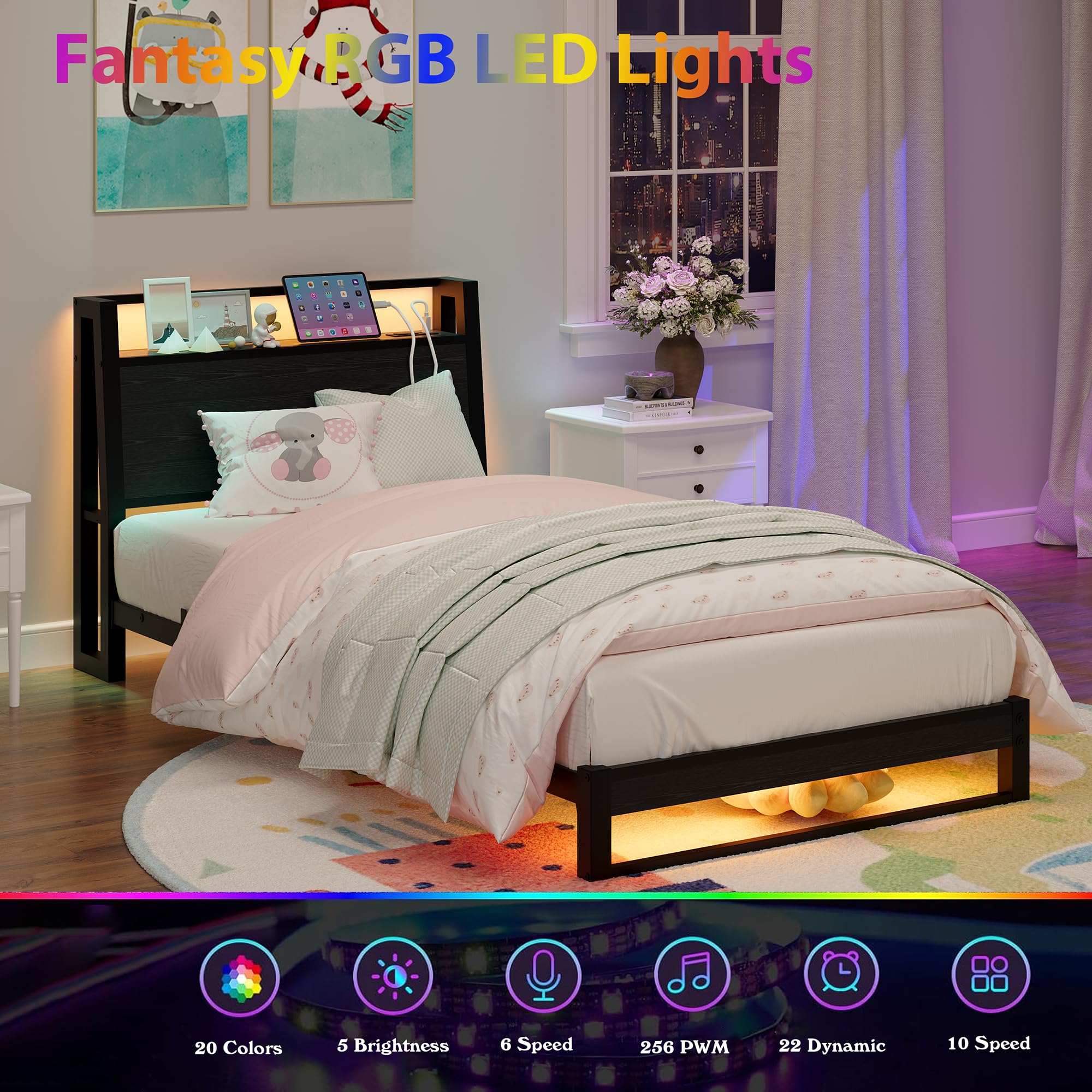 Letto 90 x 200 cm con testiera ergonomica con spazio di archiviazione, letto singolo in metallo, telaio del letto con stazione di ricarica e illuminazione a LED, ideale per camera da letto