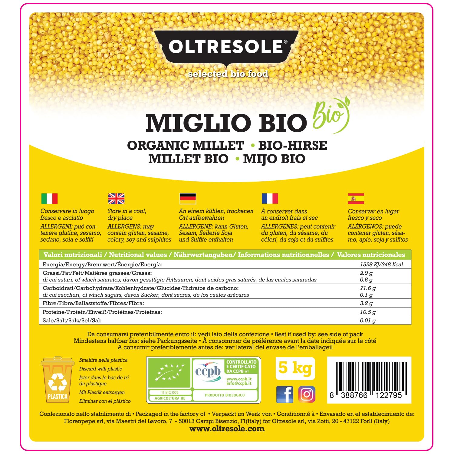 Oltresole, Miglio Decorticato Biologico 5 kg, Cereale Bio Ricco di Fibre e Minerali, Miglio Giallo in Grani per Uso Alimentare, Formato Convenienza