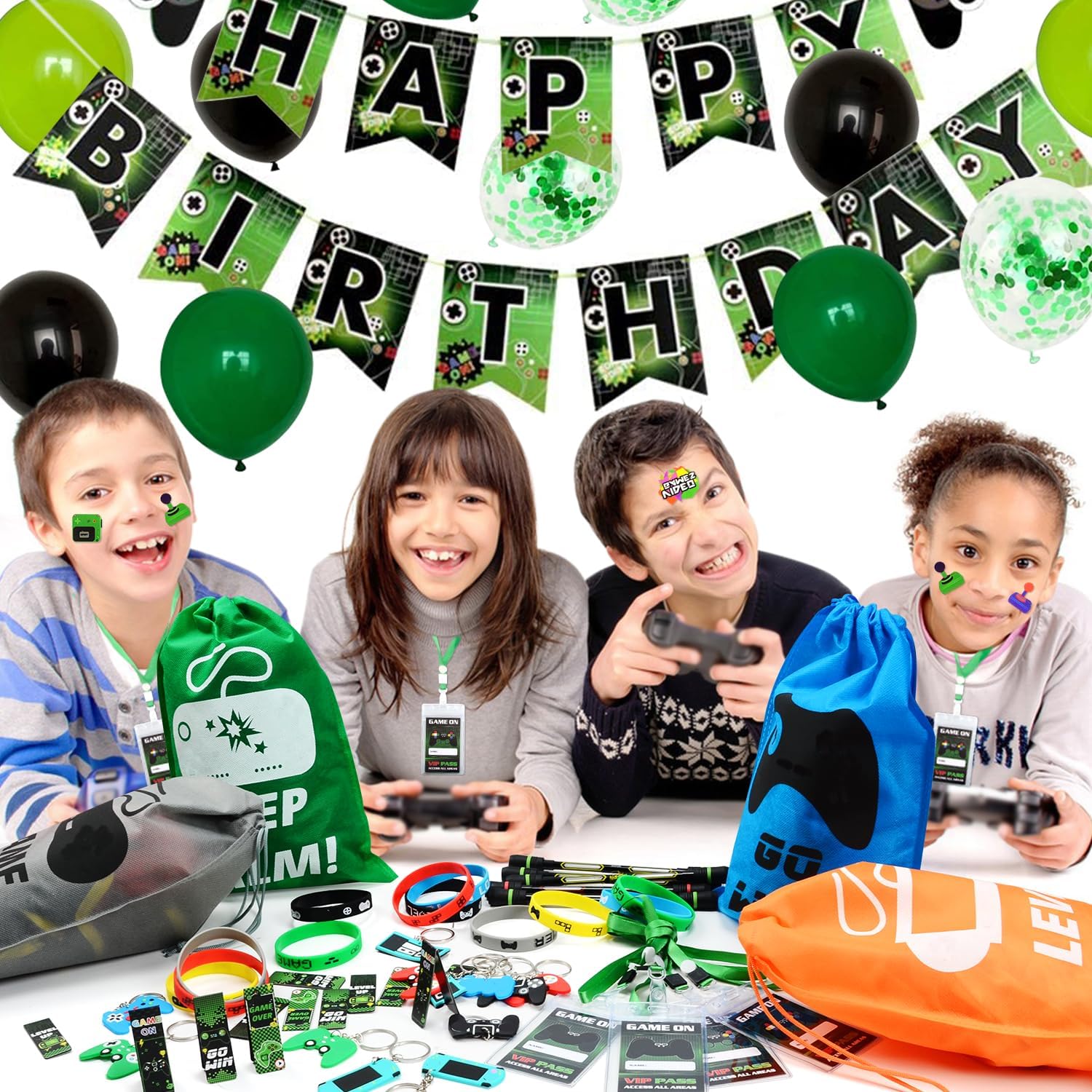 Video Game Party Favors, 124 PCS Gaming Birthday Party Supplies with Drawstring Bags VIP Pass Tickets Silicone Bracelet Keychain Temporary Tattoo Stickers Game Theme Goodie Bag for Kids Gamer