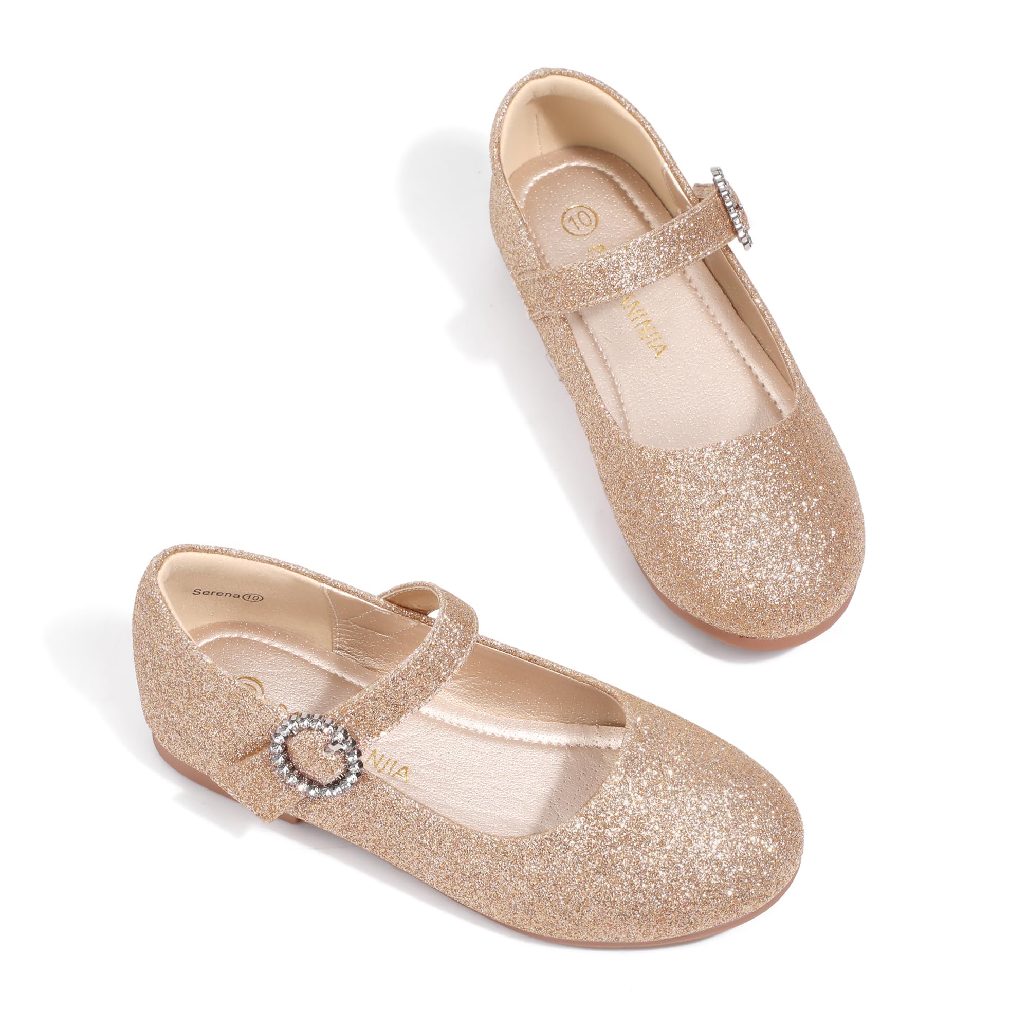 PANDANINJIA Sarena Girls Dress Shoes Rhinestone Flower Girl Ballerina Ballet Flats Mary Jane Wedding Party School Shoes for Toddler Little Kid Big Kid (Gold Glitter, 3 M US Little Kid)