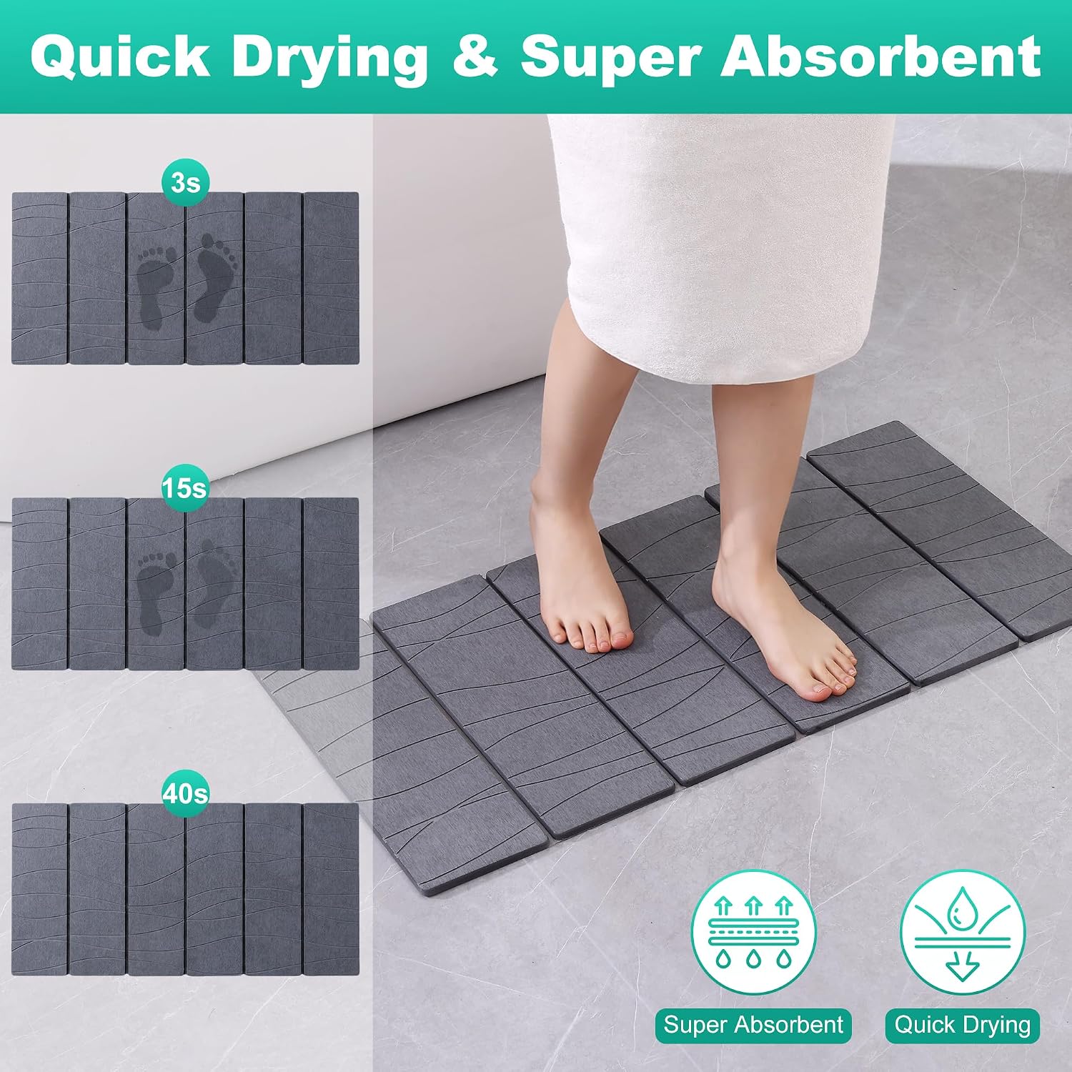JOYMOOP Foldable Stone Bath Mat, 31.5” x 15.75” Non Slip Bath Mats, Super Absorbent Diatomaceous Earth Mats, Compact and Easy to Store Bath Mats for Bathroom, Dark Grey