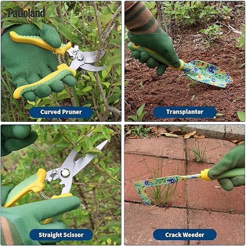 Miniatura 6 de Juego de herramientas de jardín de 10 piezas, herramientas manuales de jardinería con flores verdes con asas antideslizantes, herramientas de