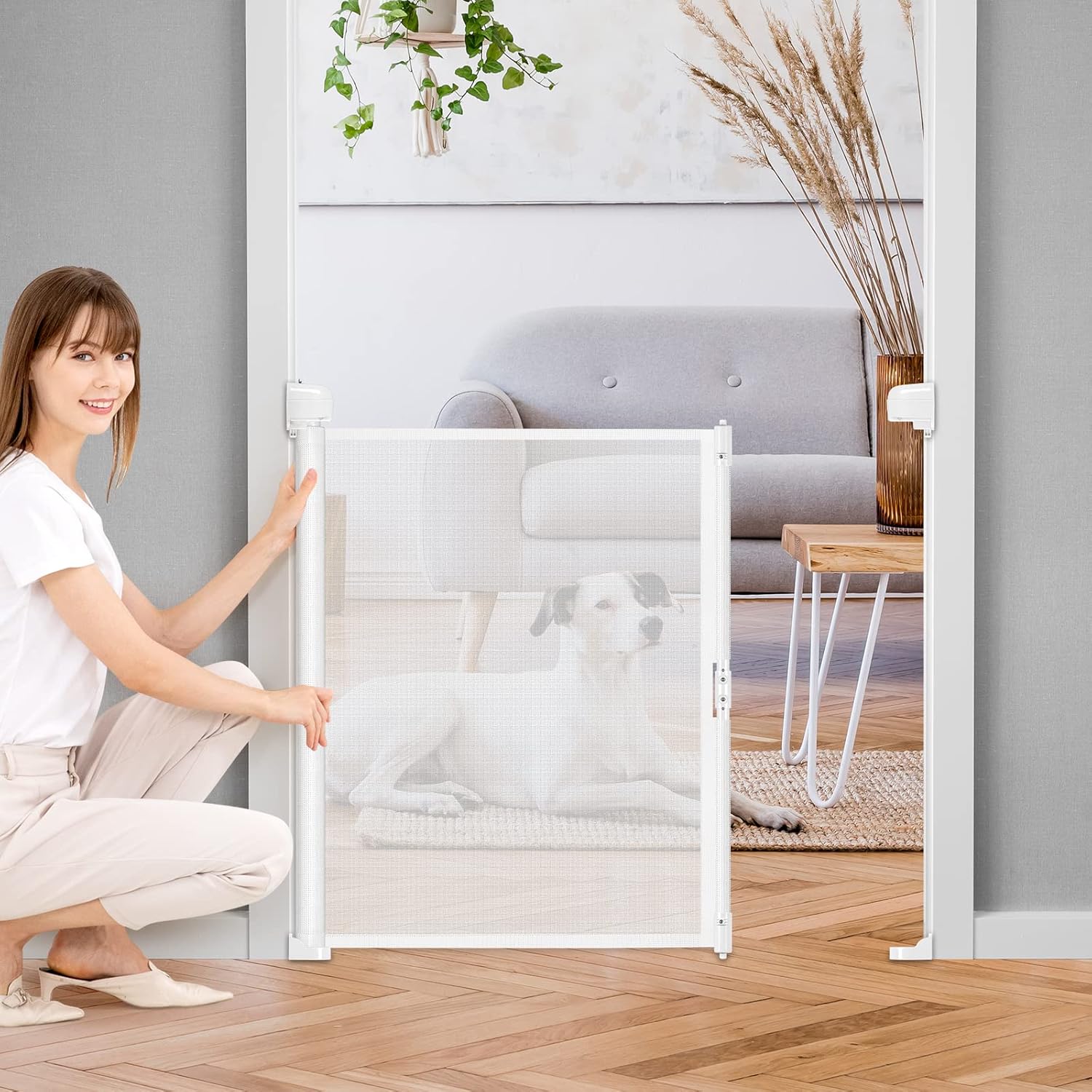 Adjustable Baby Gates for Doorways Roll Up Manually Outdoor Baby Gates for Dogs Mesh Dog Gates