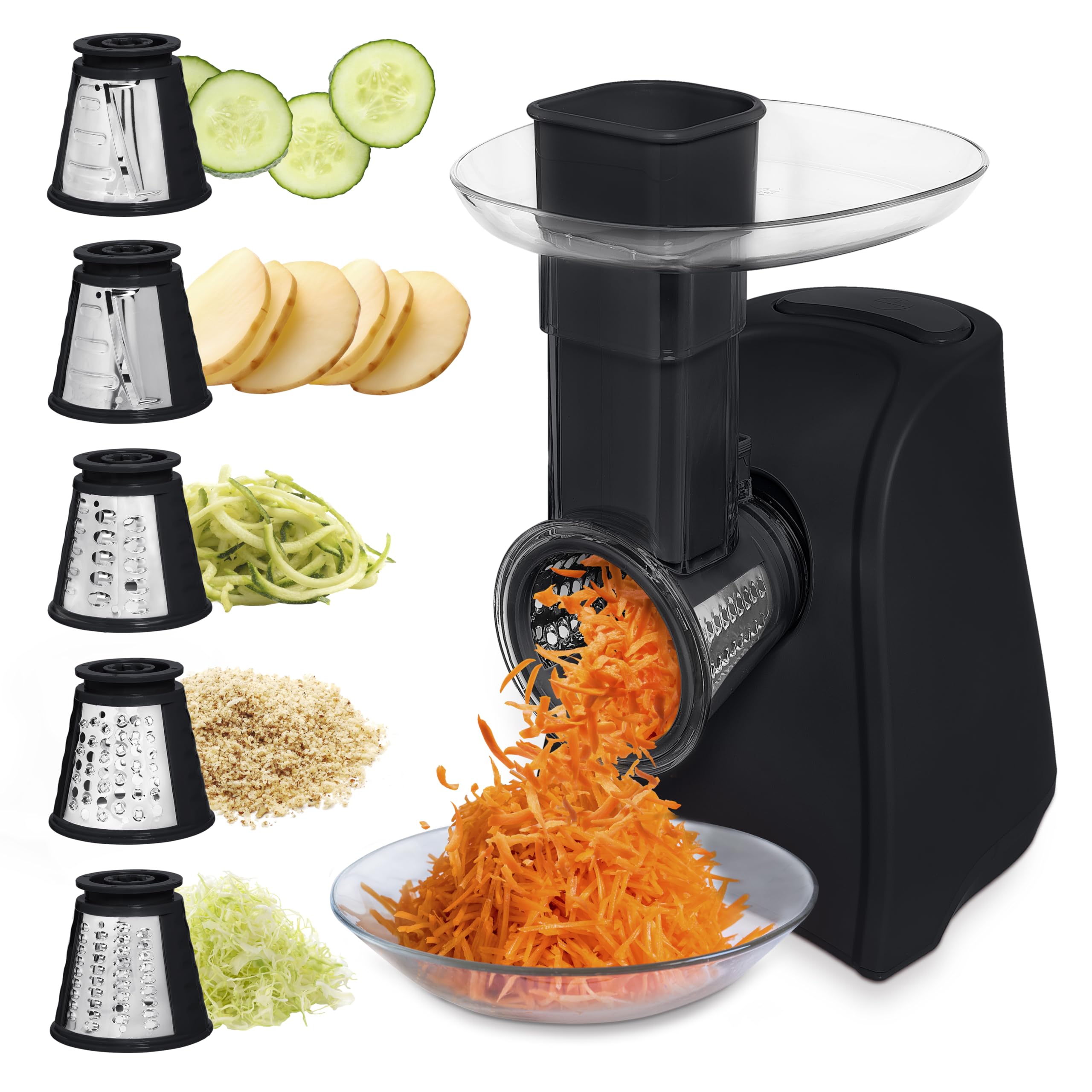COOK WITH COLOR 5-in-1 Electric Slicer, 150W Food Prep Machine – Cheese Shredder, Fine &amp; Coarse Graters, Potato Grater, Vegetable Slicer, Fruit, Salad Shooter, Compact Design for Bowl Prep, Black