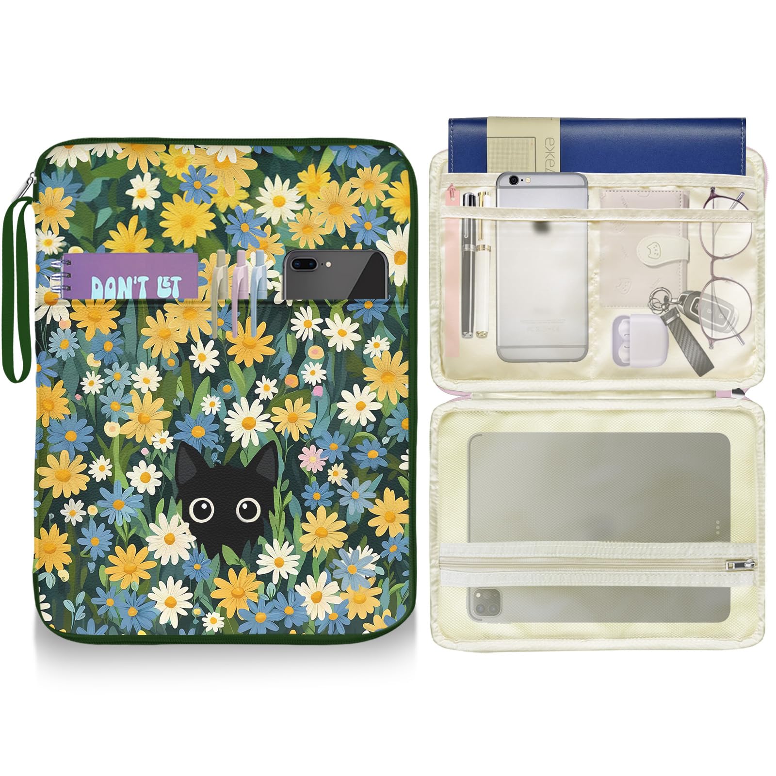 bolimoss Schwarze Katze, Buchhülle, Blume, Gänseblümchen, Buchschutz mit Riemen, Reißverschluss und extra Ärmeltasche, Leder, wasserdicht, Buchtasche für Taschenbuch, Hardcover, Liebhaber, Geschenke