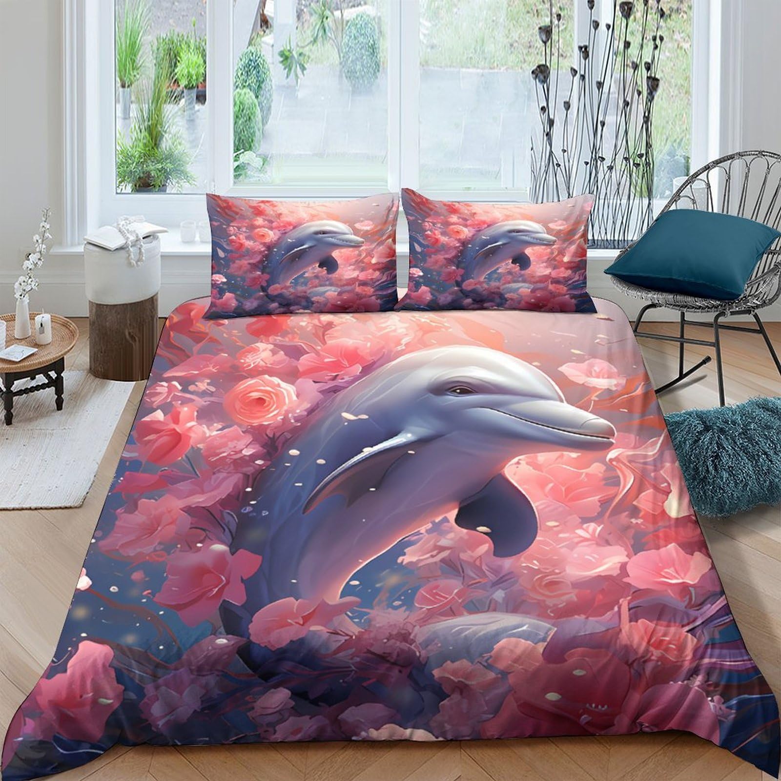 Ctjqhvkz Style-3 3D Printed Dreamy Dolphin Fitted Sheet Microfiber Soft Bed Sheet Pink Ocean Clouds For Bedroom Dorm Mattress Cover Single（135X200cm）