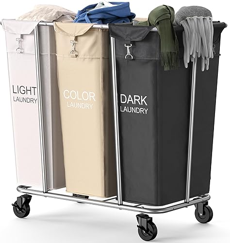 PLKOW Clasificador de lavandería de 3 secciones, carrito de lavandería grande de 220 litros con ruedas, 3 cestas clasificadoras de ropa con marco de