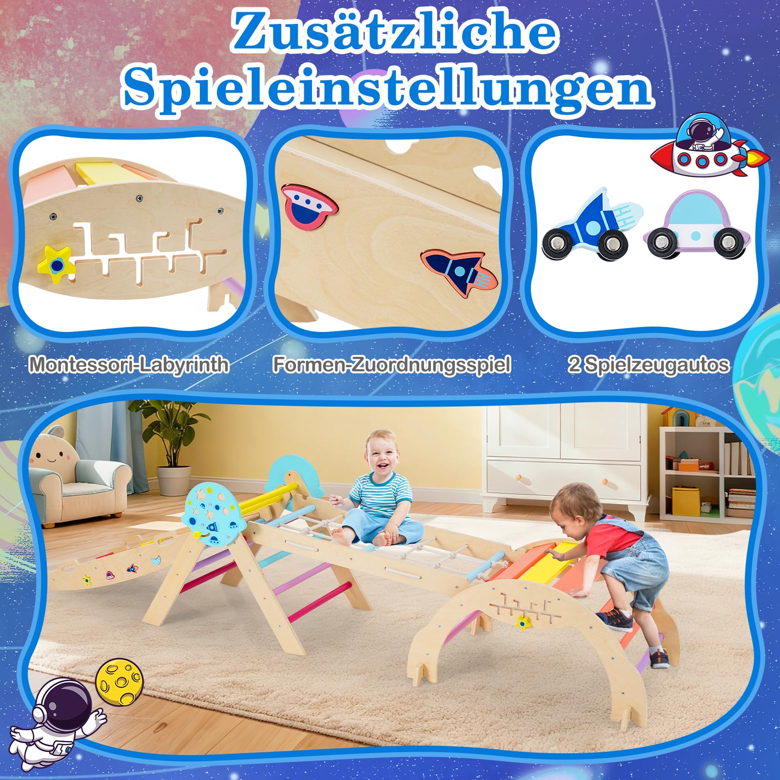 COSTWAY Klettergerüst Indoor 4er Set, klappabres Kletterdreieck mit Rutsche, Kletterbogen, Netz, inkl. doppelseitige Rampe, Baustein Set & 2 Autos, Universum Sprossendreieck Holz für Kinder ab 1 Jahr