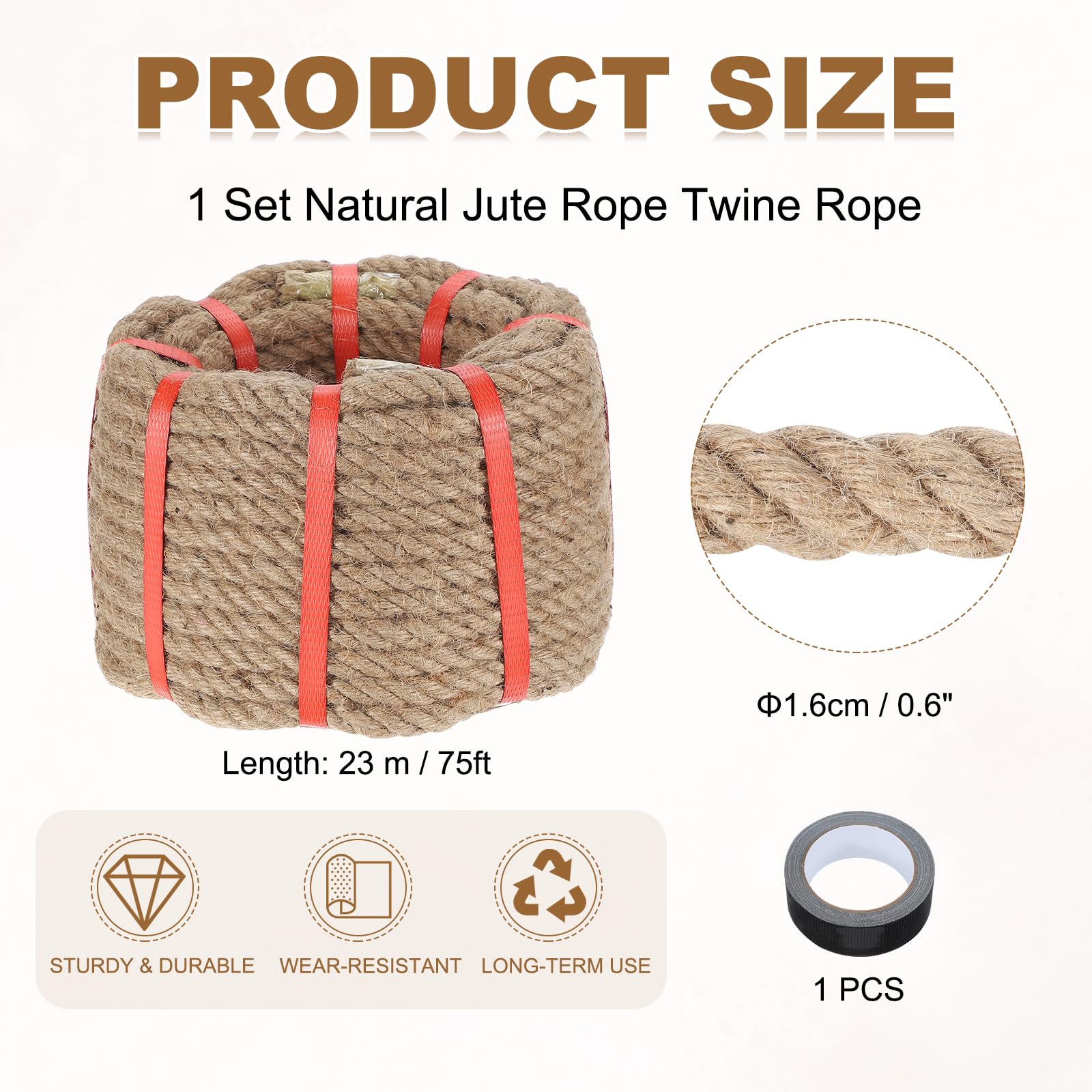 QUARKZMAN Cuerda De Yute 0.6 Pulgadas X 75 Pies Cuerda Natural Gruesa | Retorcida, Con Cinta Negra, Para Artesanías Barandales Muelles Tira Y Afloja Columpios Náuticos Paisajismo