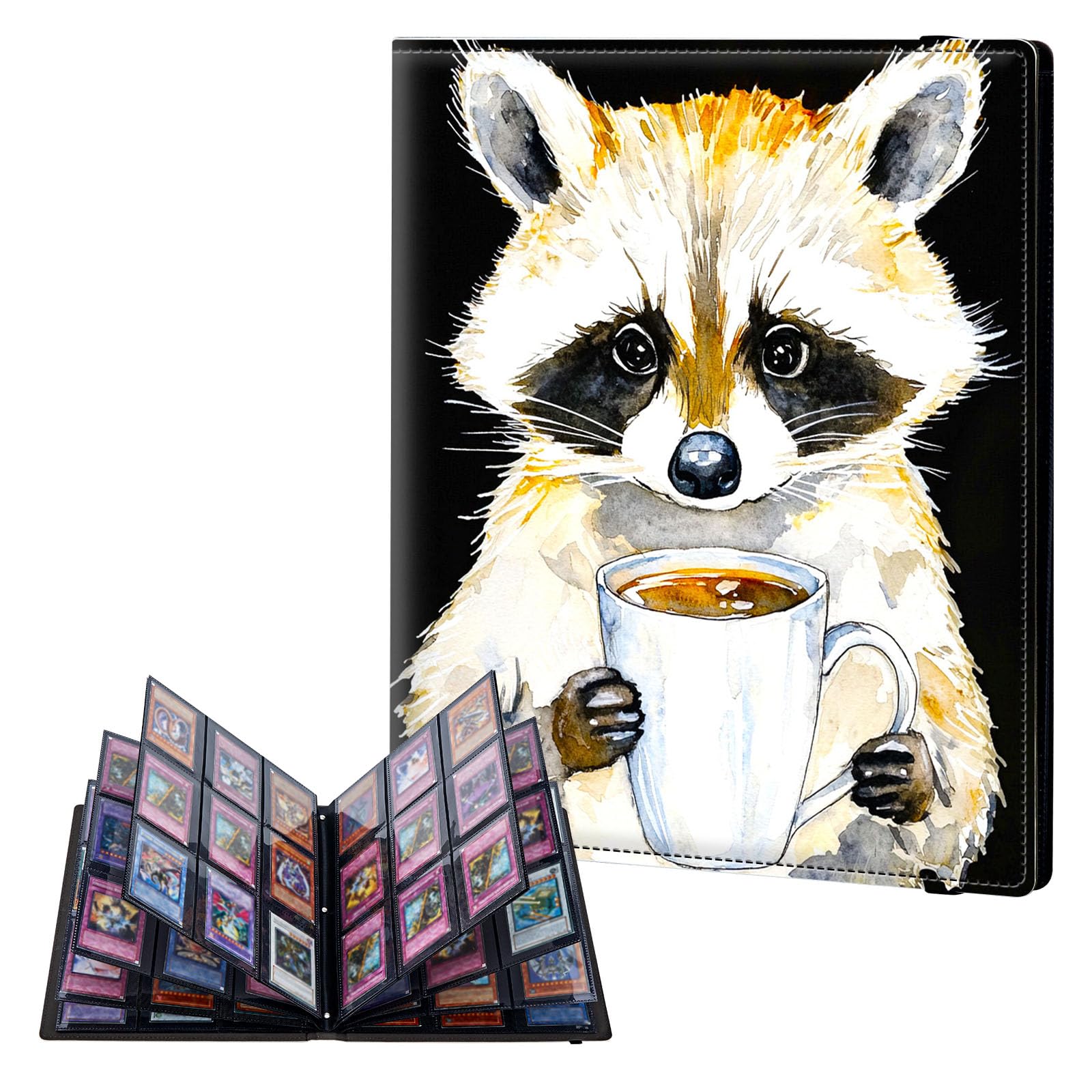 ETLKJVBL 9 Pocket Trading Card Binder, Card Collection Binder for TCG, MTG, Sports Cards, Baseball, Raccoon Holding Coffee Mug Trading Card Book Holder for Collectors, Top Loader Binder — image 1
